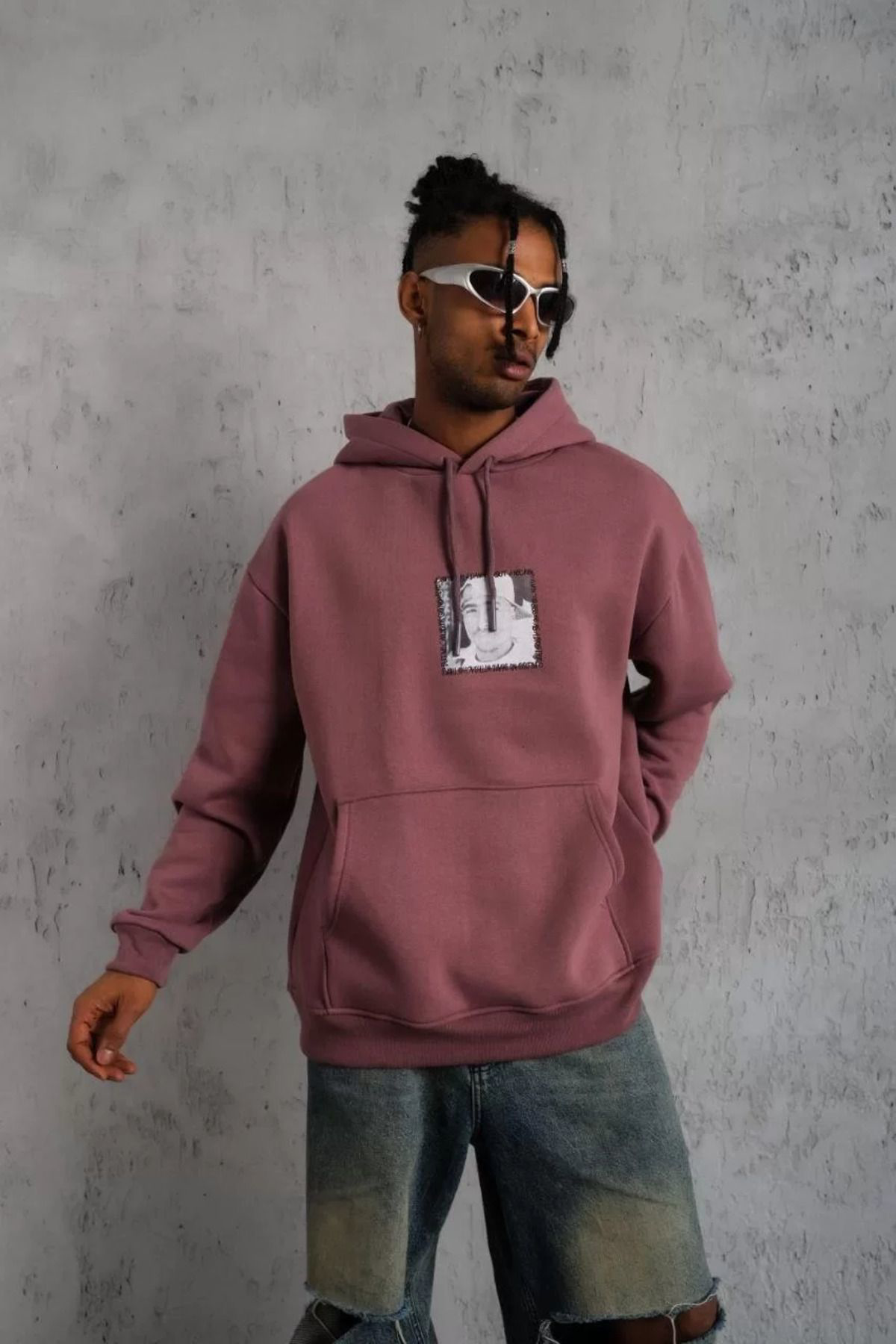 ZenWave  ZenWave  Erkek Ön Arka Baskılı Kapşonlu Sweat - Gül Kuru