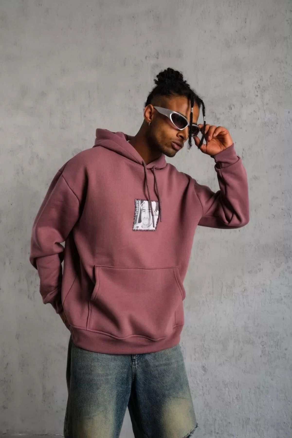 ZenWave  ZenWave  Erkek Ön Arka Baskılı Kapşonlu Sweat - Gül Kuru