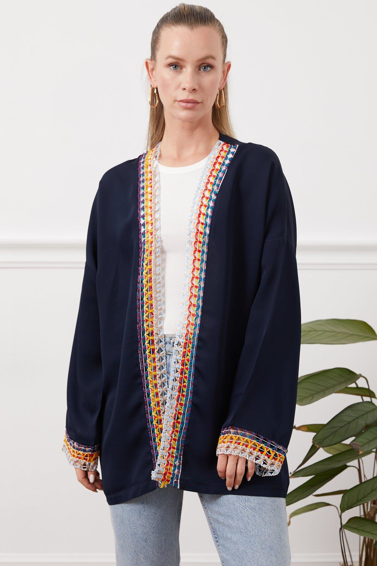Zhlbutik Nakışlı Kimono Ceket Lacivert