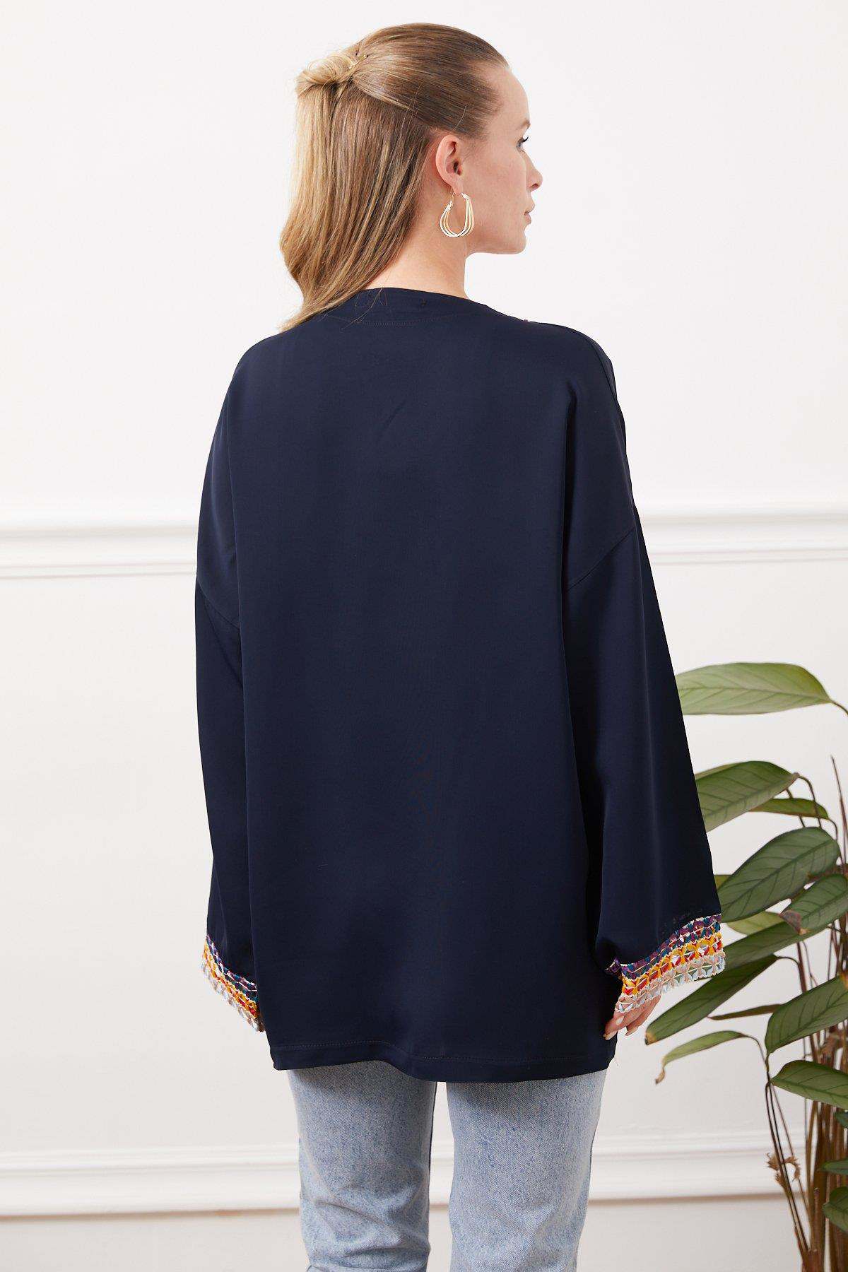 Zhlbutik Nakışlı Kimono Ceket Lacivert