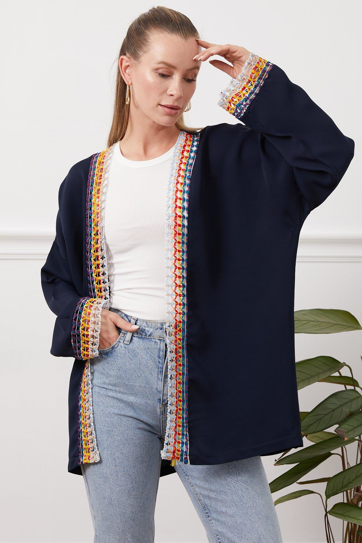 Zhlbutik Nakışlı Kimono Ceket Lacivert