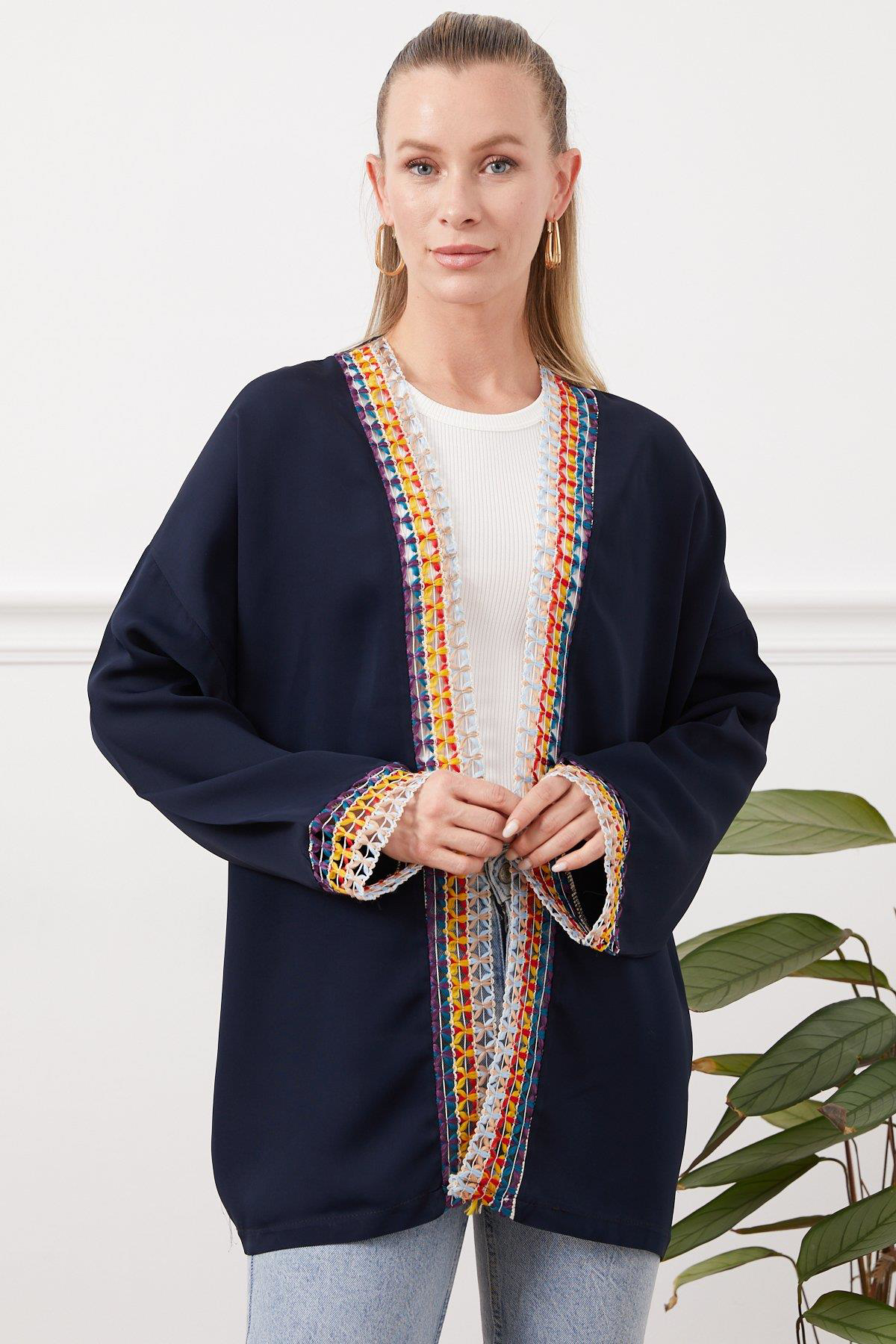 Zhlbutik Nakışlı Kimono Ceket Lacivert