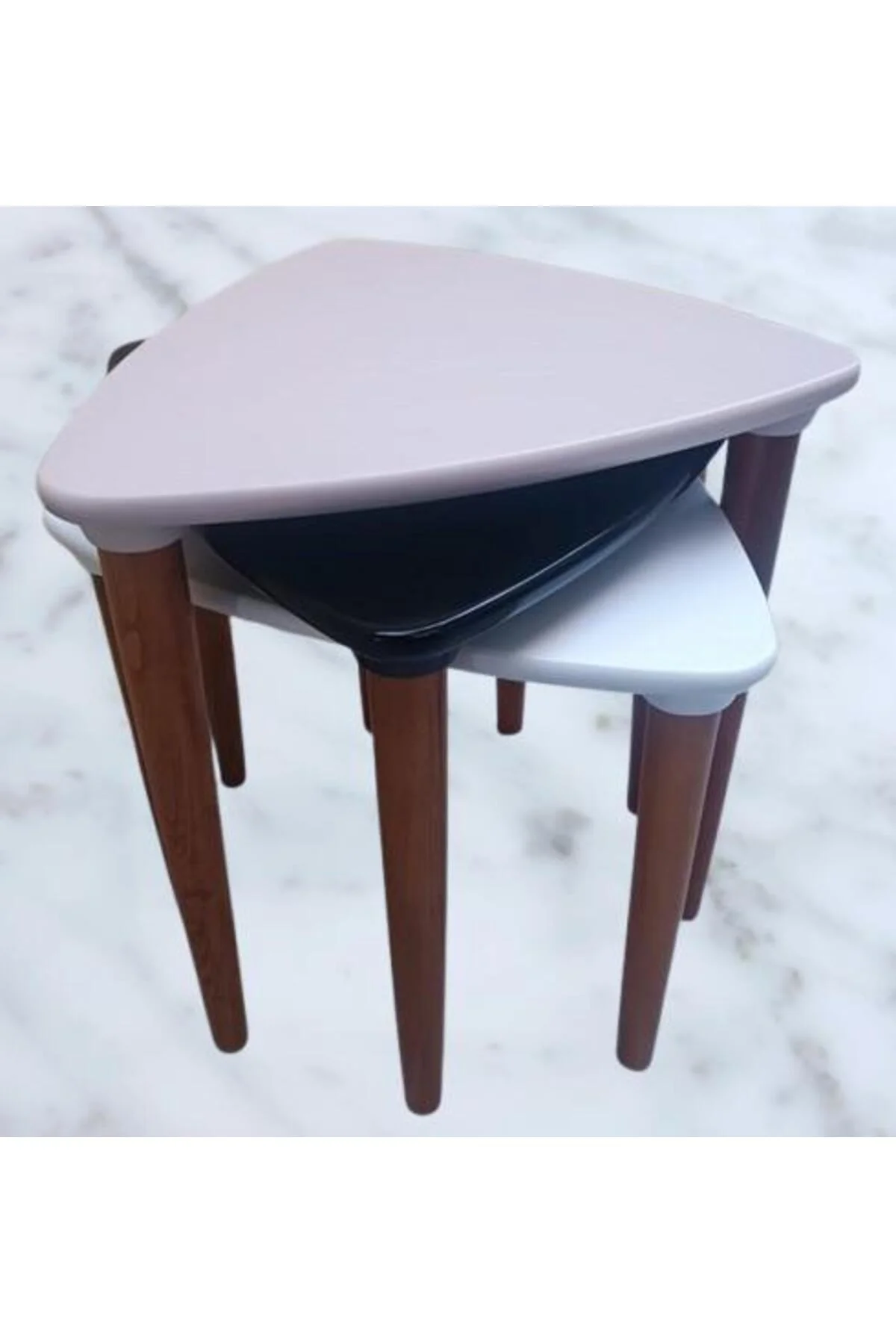 Zigon 12623 Ahşap Kayın Retro Konik Ayak Model Üçgen Tabla Beyaz capuçino Siyah - Görsel 7