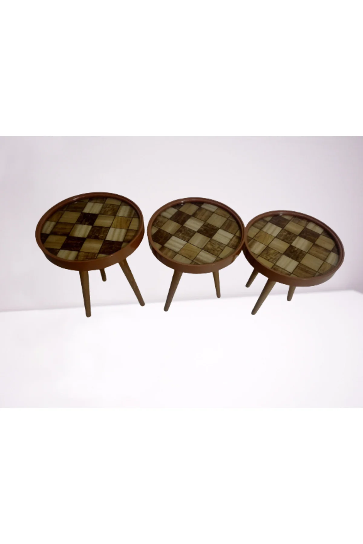 Zigon 19625Sehpa Çember DAMALI Model Kayın Retro Ceviz 3 Ayak Üstü Cam El Yapım - Görsel 5
