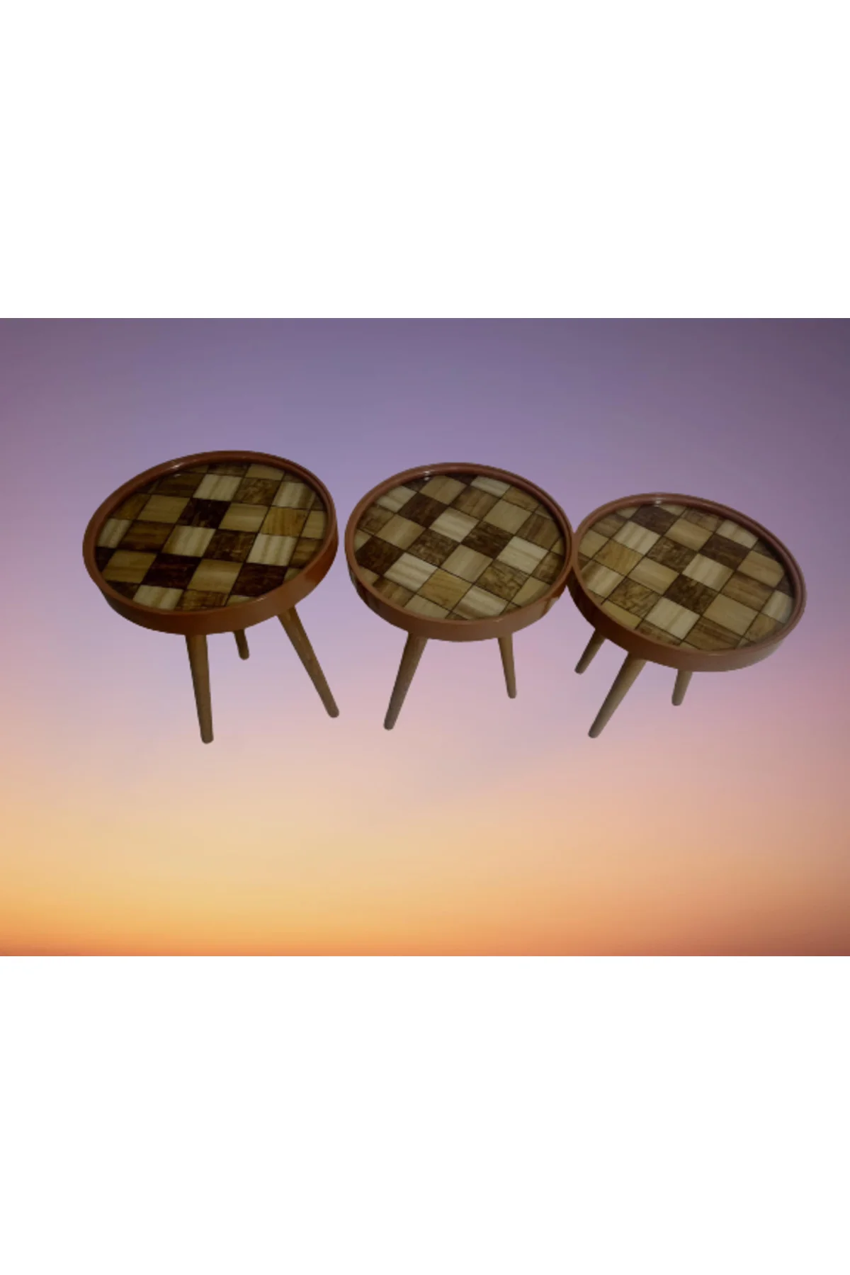 Zigon 19625Sehpa Çember DAMALI Model Kayın Retro Ceviz 3 Ayak Üstü Cam El Yapım - Görsel 4