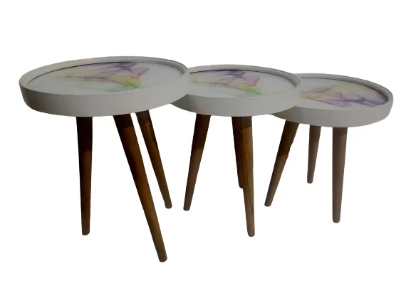 Zigon 19629 Sehpa Çember RENKLİ DALGA Model Kayın Retro Parlk Ceviz 3Ayk Üstü Cam