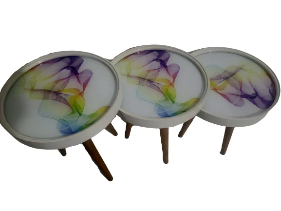 Zigon 19629 Sehpa Çember RENKLİ DALGA Model Kayın Retro Parlk Ceviz 3Ayk Üstü Cam
