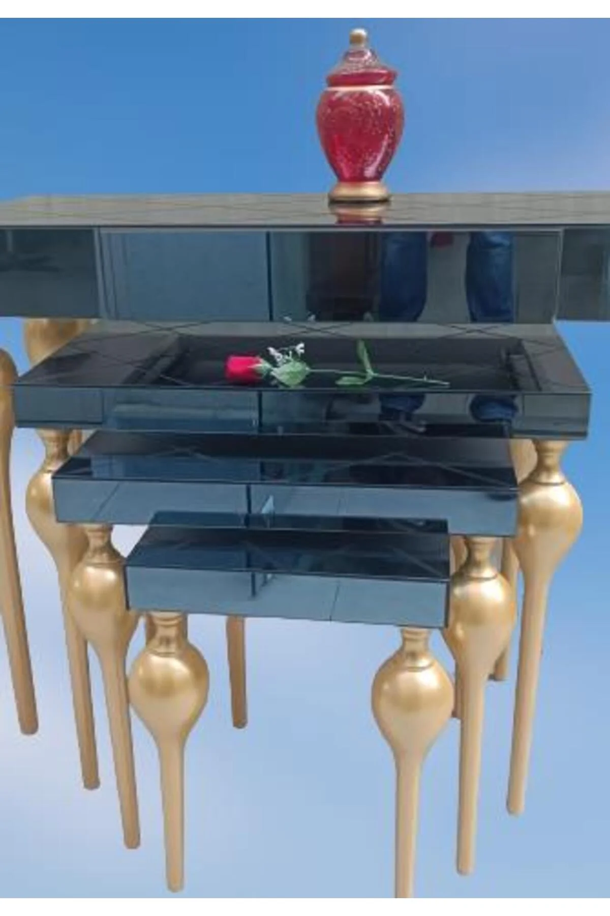 Zigon-Dresuar 18095 Tombul Model Parlak Gold Kayın Ayak Baklava çizgi Ayna tabla - Görsel 5