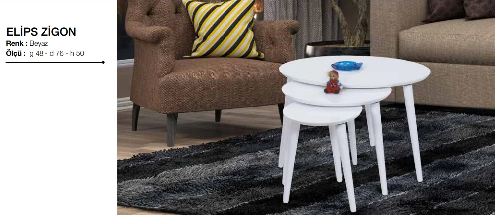 Zigon Osm 17106 ELİPS Model Sehpa Parlak Beyaz Kayın Torna retro 