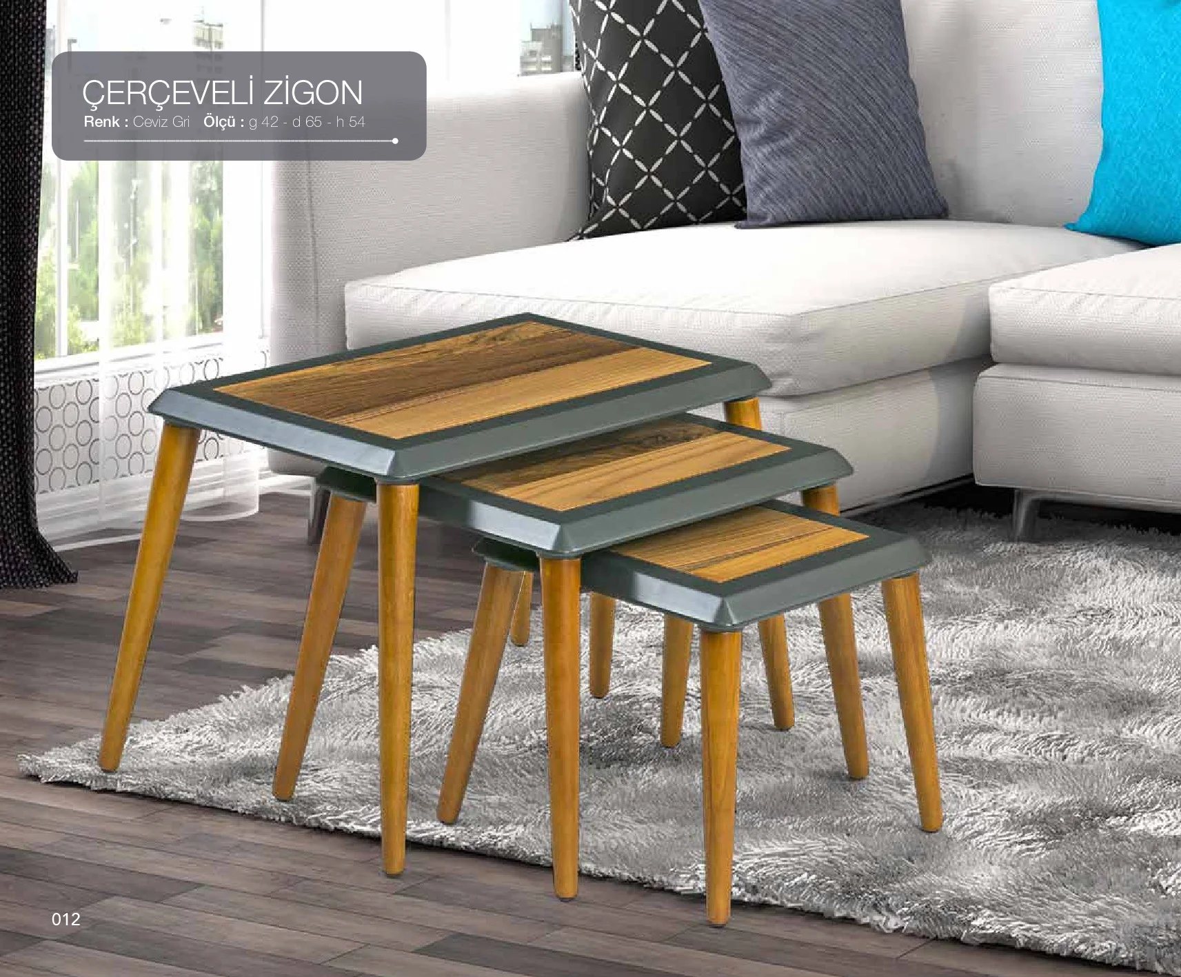 Zigon Osm11830 Çerçeve Model Sehpa Kayın RETRO Ayak Ceviz Gri Lak