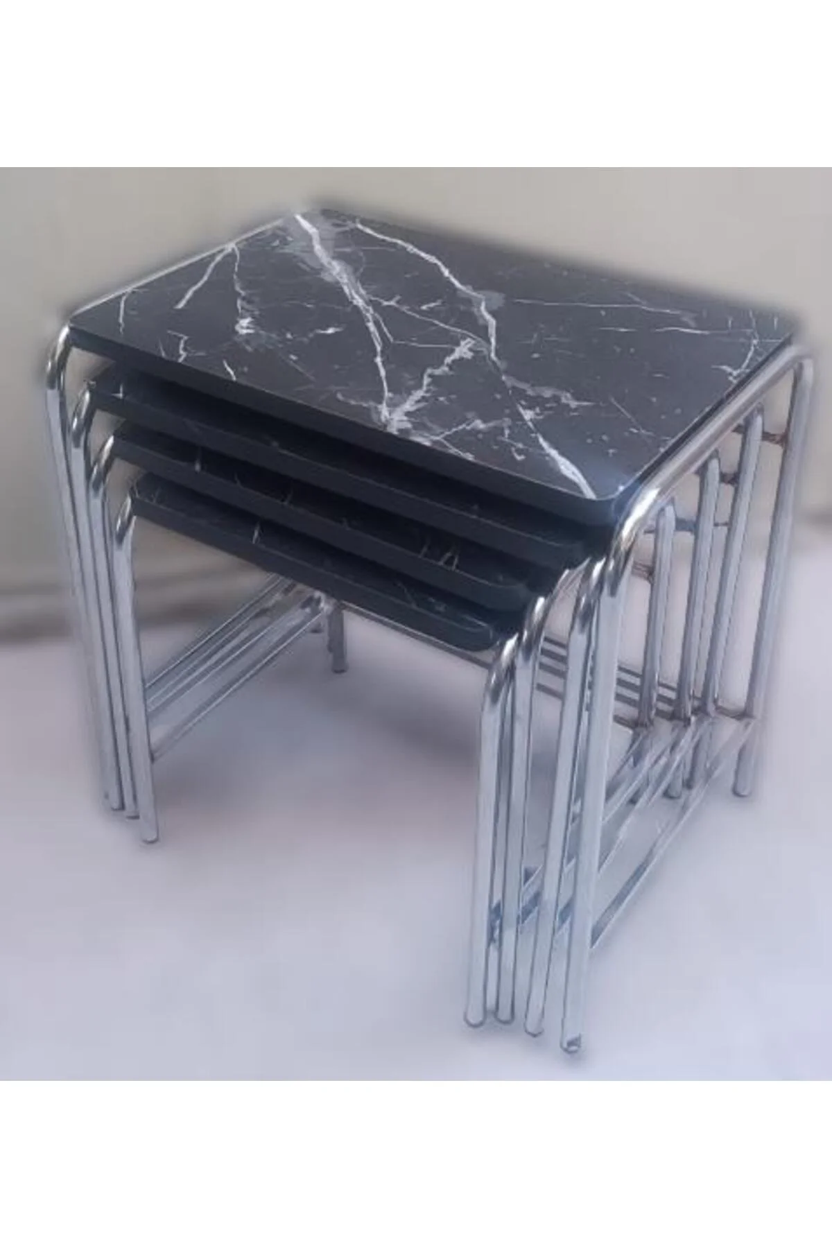Zigon Sehpa 14006 Demet Model Metal Nikelaj Ayak Siyah Mermer Desen Tabla El Yapı - Görsel 5