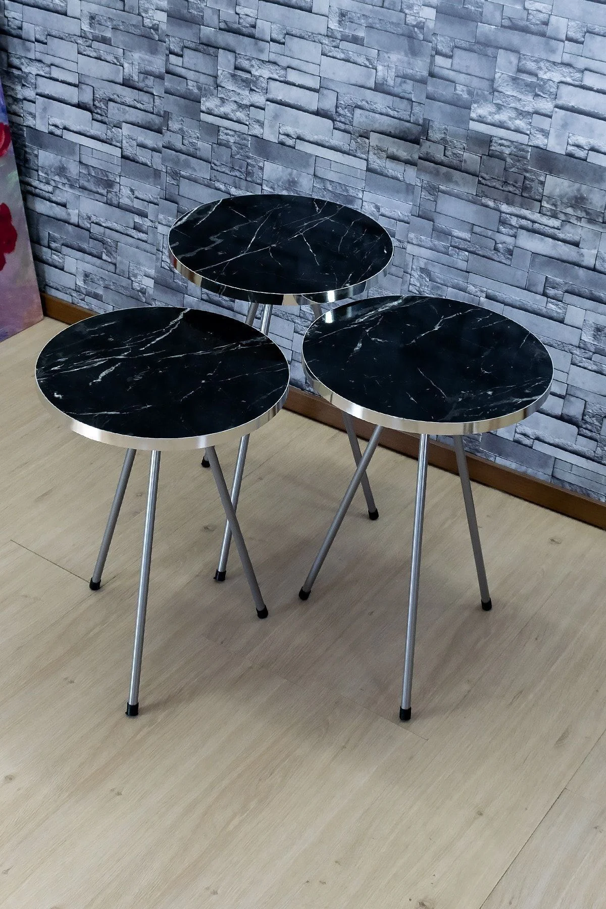 Zigon Sehpa 3'lü Gümüş Metal Ayak Gümüş Siyah Bendir 1069