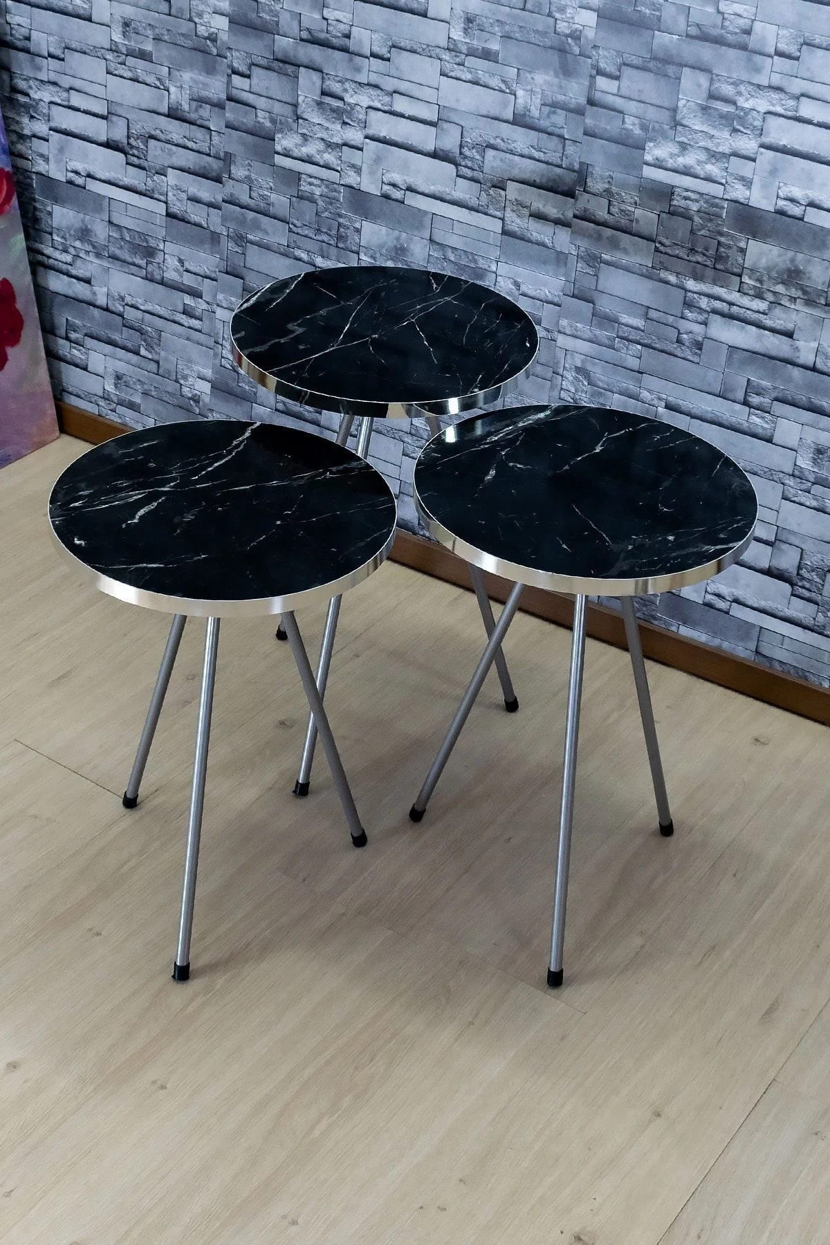 Zigon Sehpa 3'lü Gümüş Metal Ayak Gümüş Siyah Bendir 1069