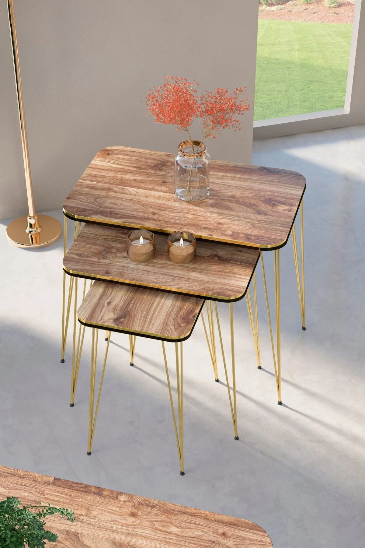 Zigon Sehpa Kare Çift Gold Ceviz Tel 1031