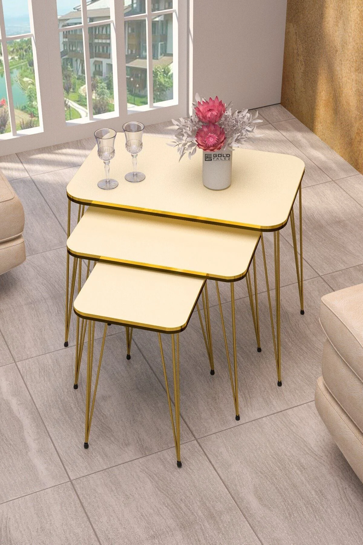 Zigon Sehpa Kr Ve Orta Sehpa Kr Set Çift Gold Krem Tel 1114