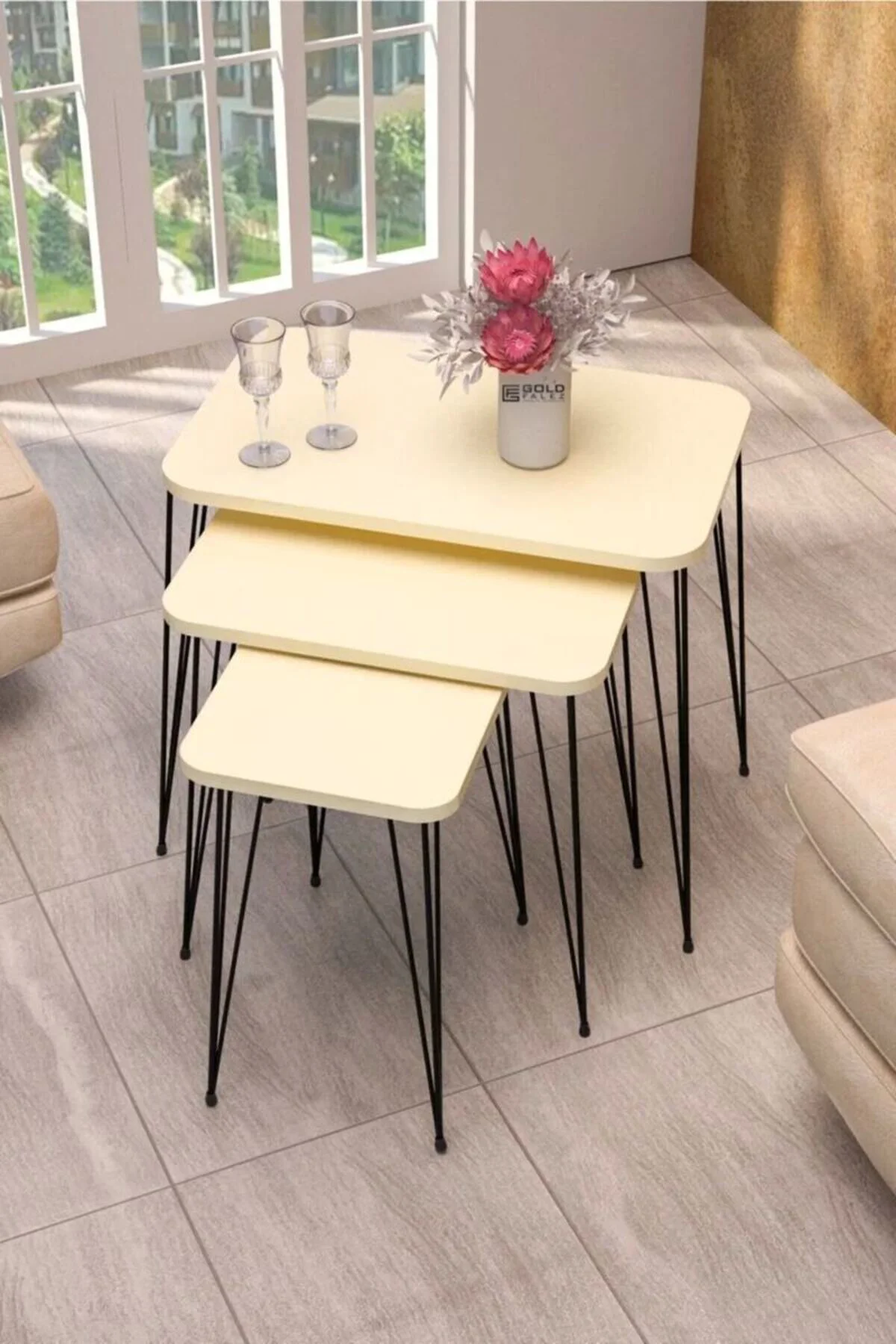 Zigon Sehpa Kr Ve Orta Sehpa Kr Set Siyah Ayak Krem Tel 1100