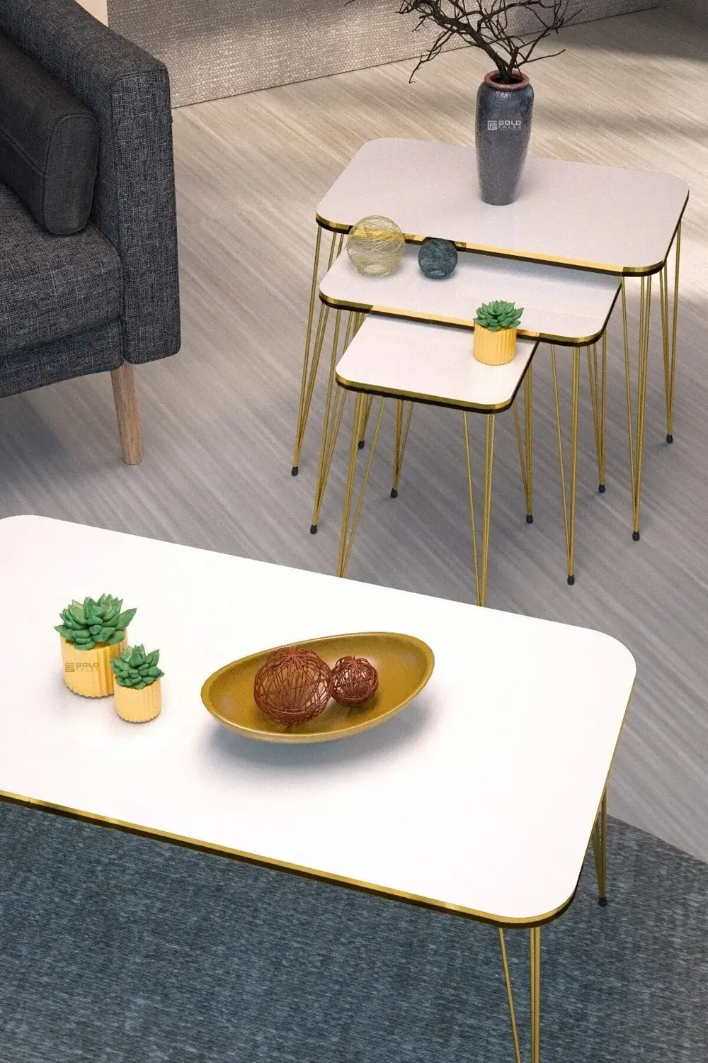 Zigon Sehpa Kr Ve Orta Sehpa Kr Set Çift Gold Beyaz Tel 1111