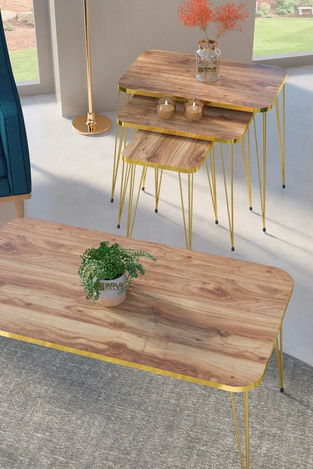 Zigon Sehpa Kr Ve Orta Sehpa Kr Set Gold Ceviz Tel 1108