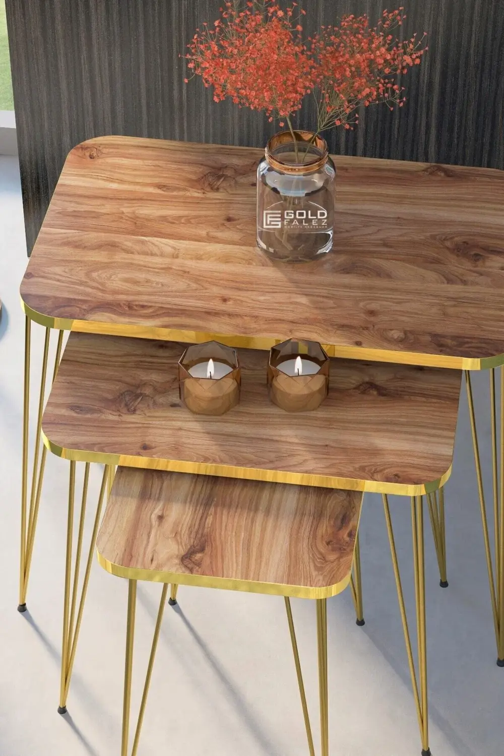 Zigon Sehpa Kr Ve Orta Sehpa Kr Set Gold Ceviz Tel 1108