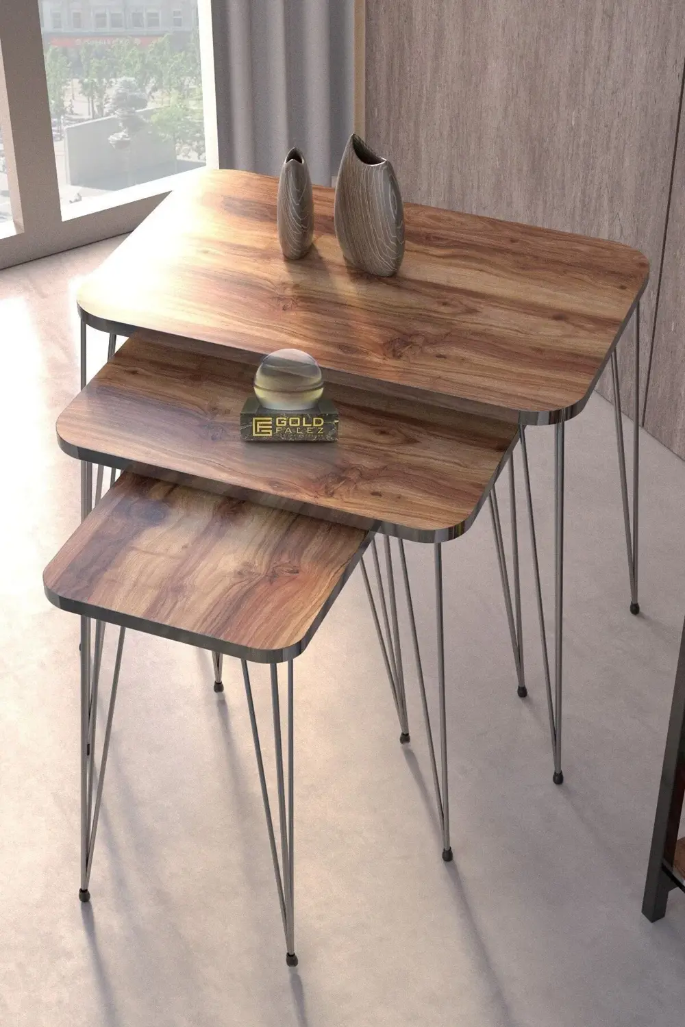 Zigon Sehpa Kr Ve Orta Sehpa Kr Set Gümüş Ceviz Tel