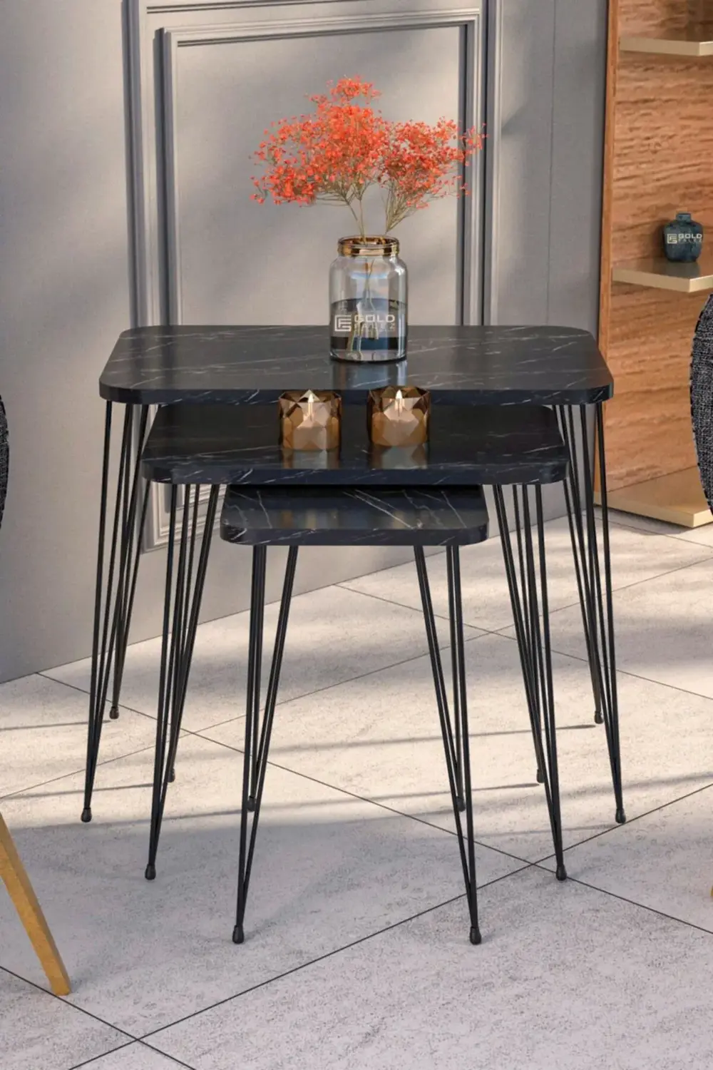 Zigon Sehpa Kr Ve Orta Sehpa Kr Set Siyah Ayak Bendir Tel 1104