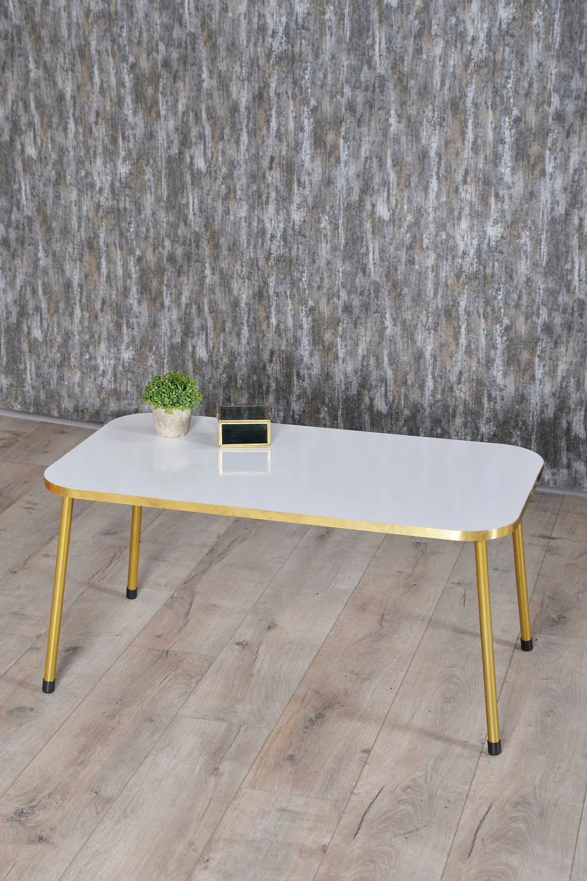 Zigon Sehpa ve Orta Sehpa Kr Gold Metal Ayak Gold Beyaz Set