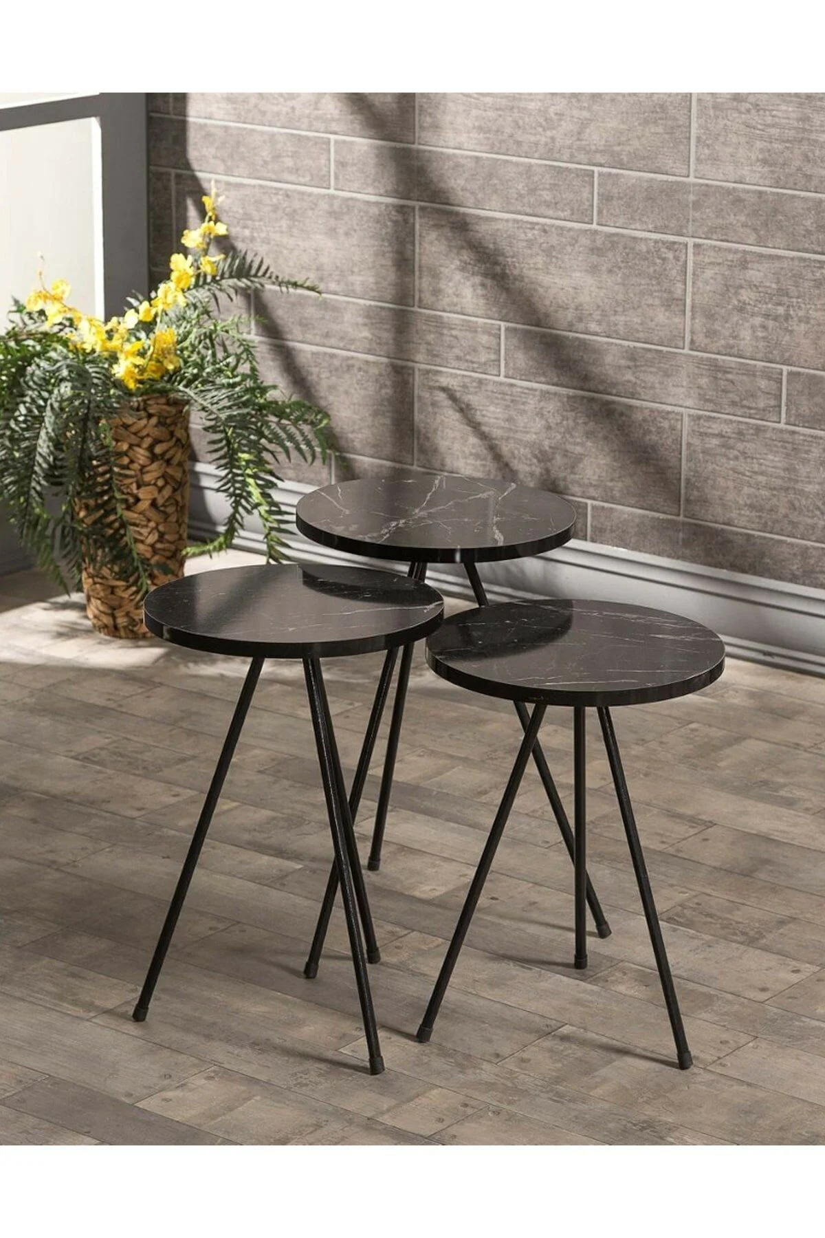 Zigon Sehpa Ve Orta Sehpa Set Metal Elips Siyah Mermer Desen