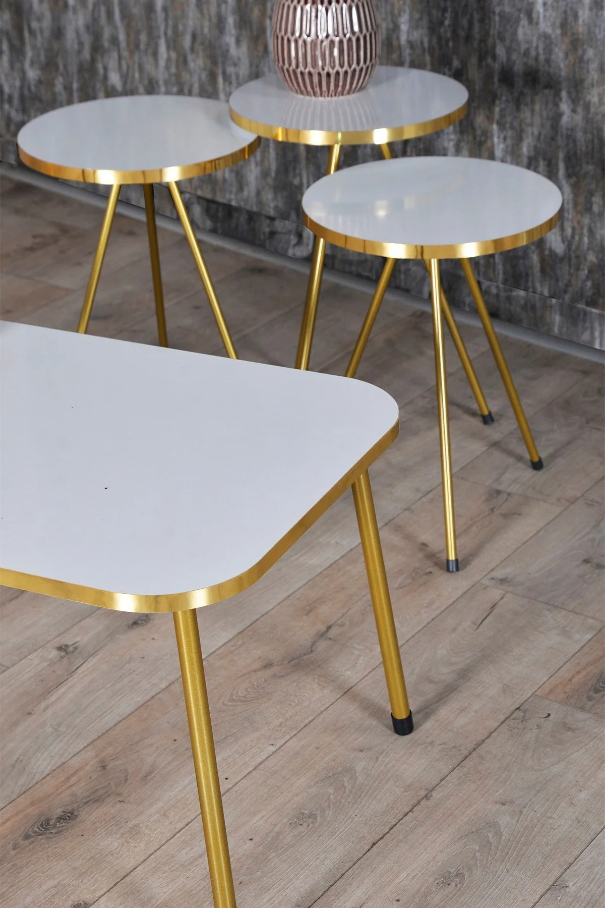 Zigon Sehpa ve Orta Sehpa Kr Gold Metal Ayak Gold Beyaz Set
