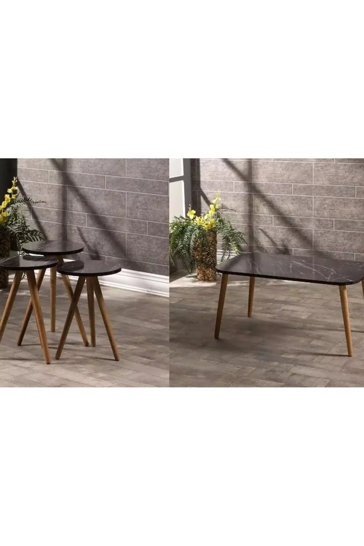 Zigon Sehpa Ve Orta Sehpa Set Ahşap Kr Torna Siyah Mermer Desen