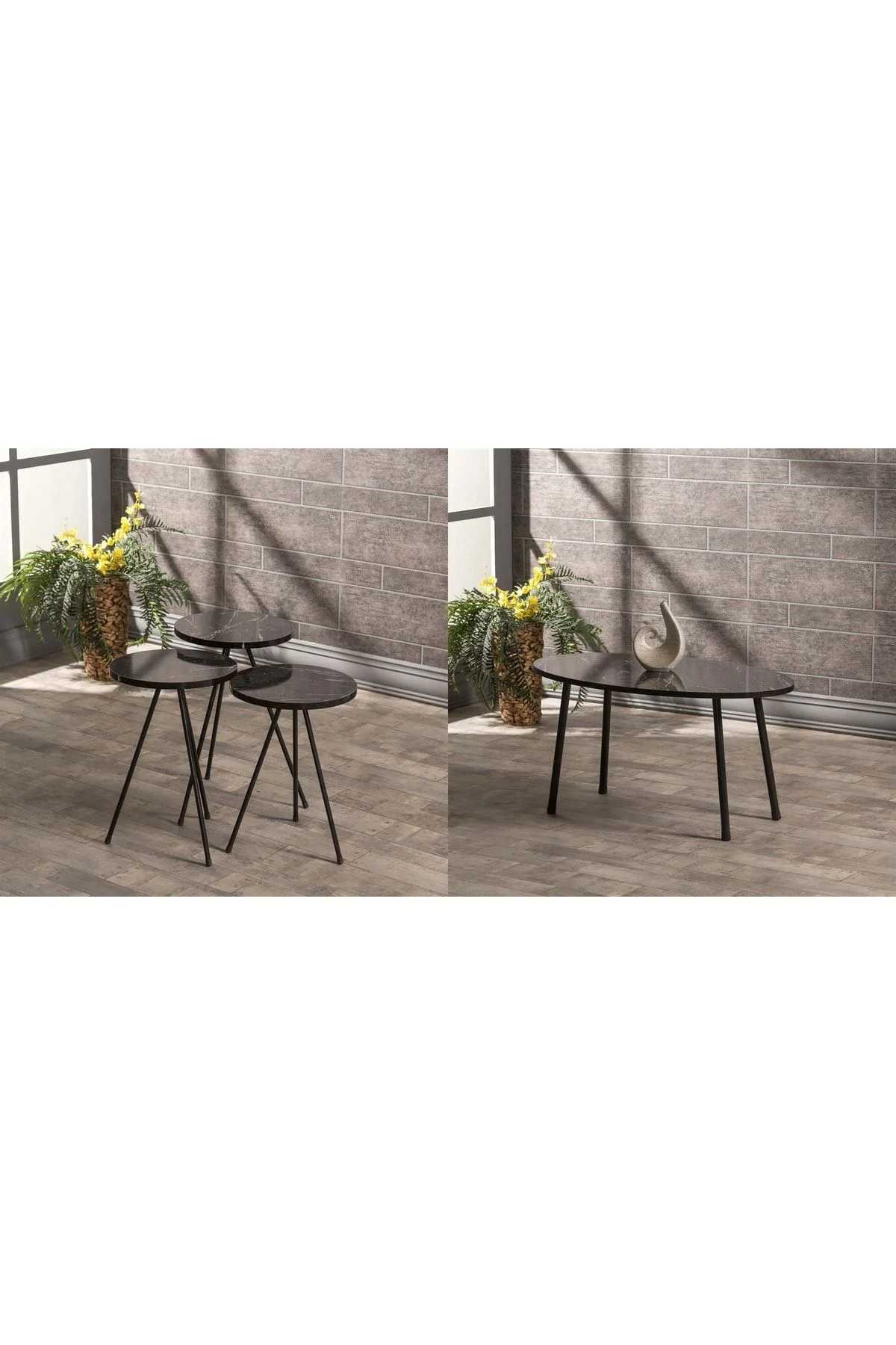 Zigon Sehpa Ve Orta Sehpa Set Metal Elips Siyah Mermer Desen