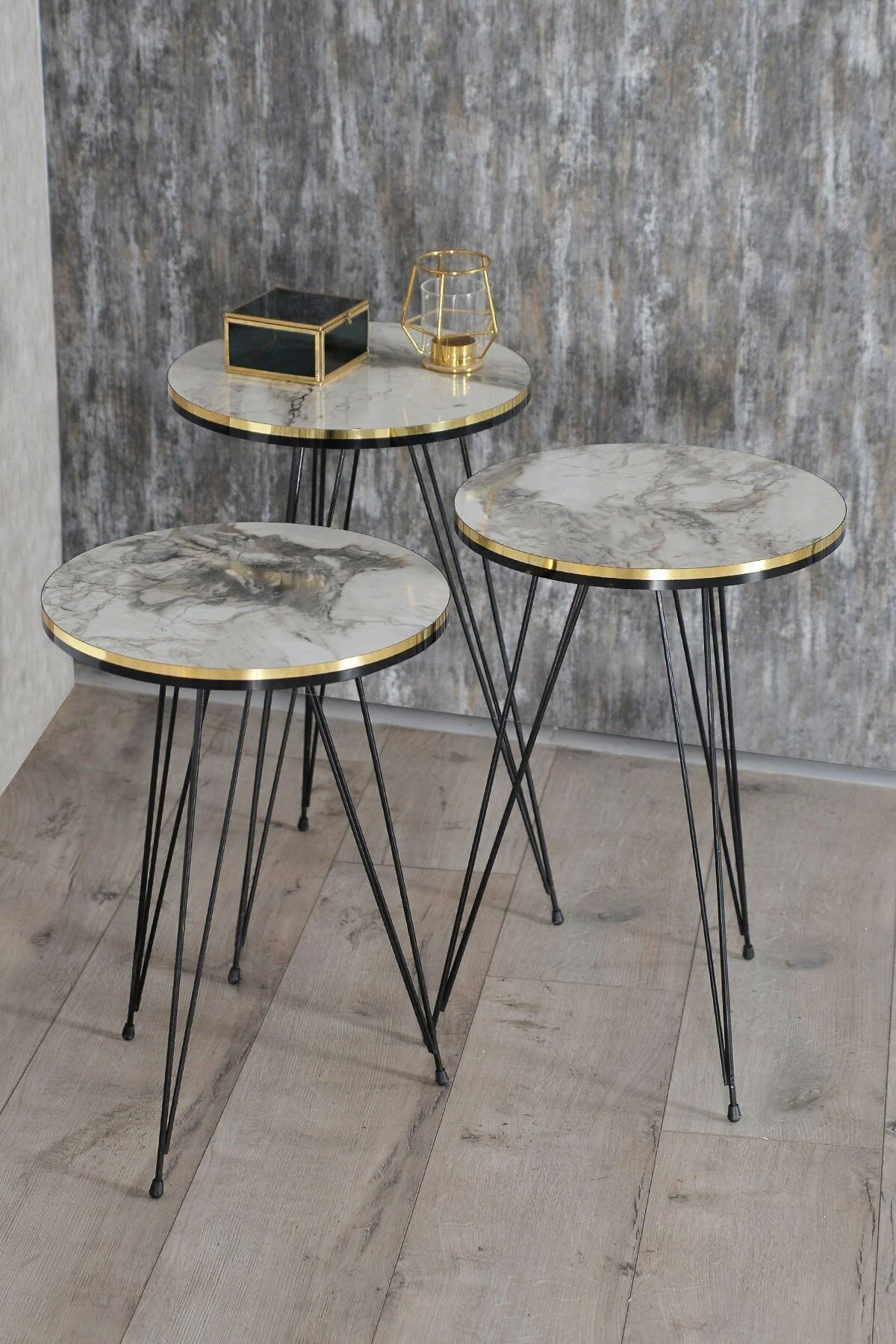 Zigon Sehpa Ve Orta Sehpa Kr Set Siyah Tel Ayak Çift Altın Efes