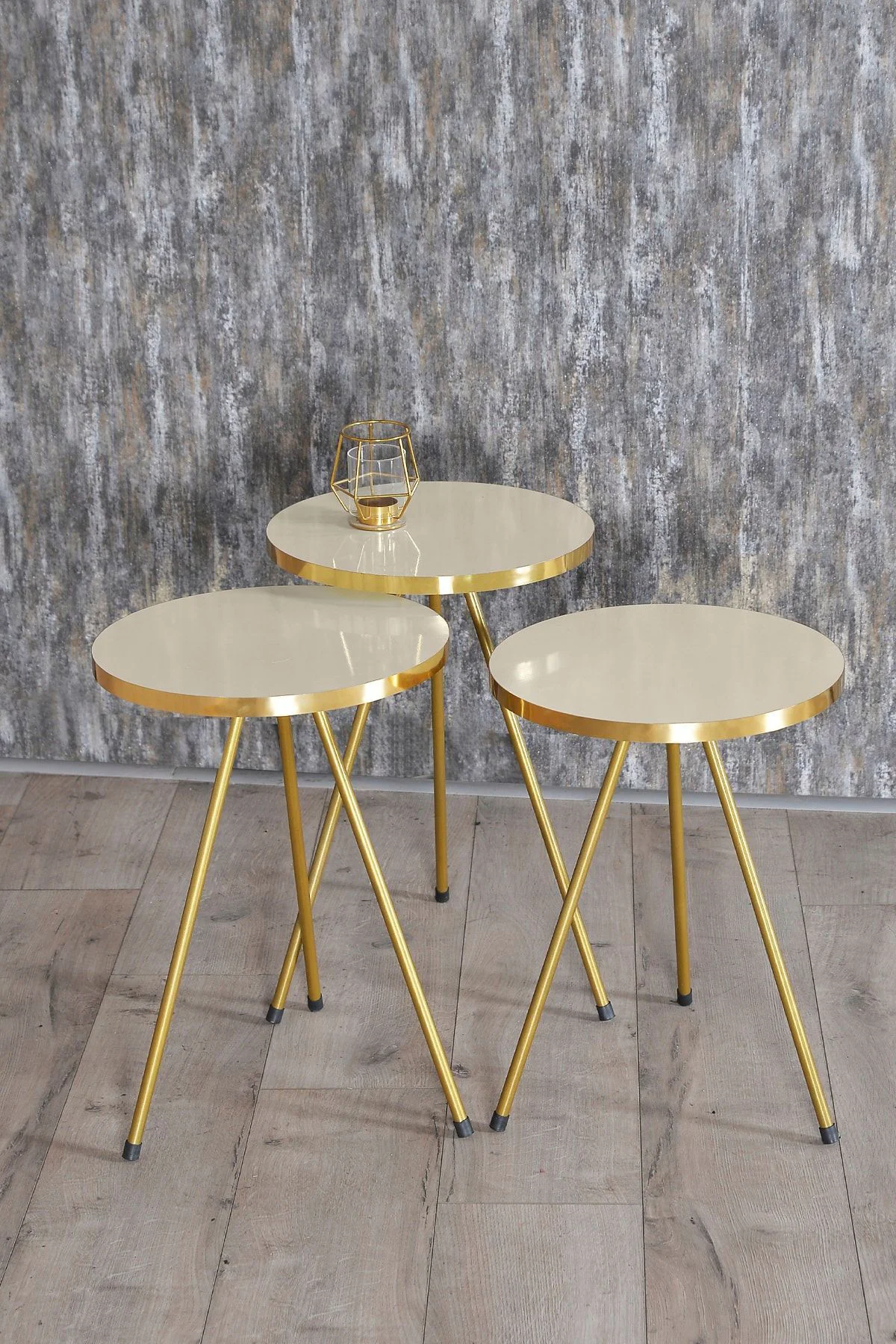 Zigon Sehpa ve Orta Sehpa Kr Gold Metal Ayak Gold Krem Set