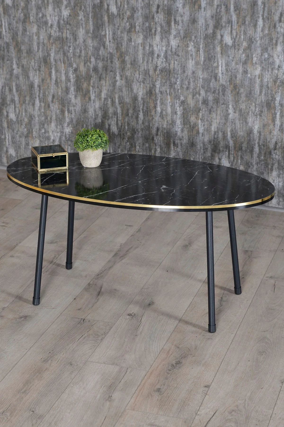 Zigon Sehpa Ve Orta Sehpa Elips Set Siyah Metal Ayak Çift Altın B