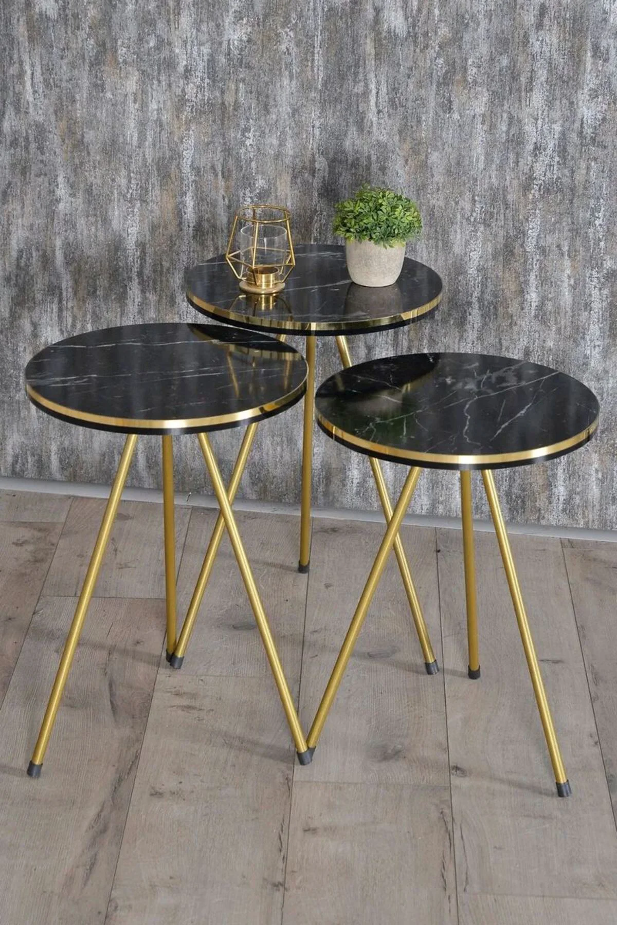 Zigon Sehpa Ve Orta Sehpa Elips Set Çift Gold Bendir Metal