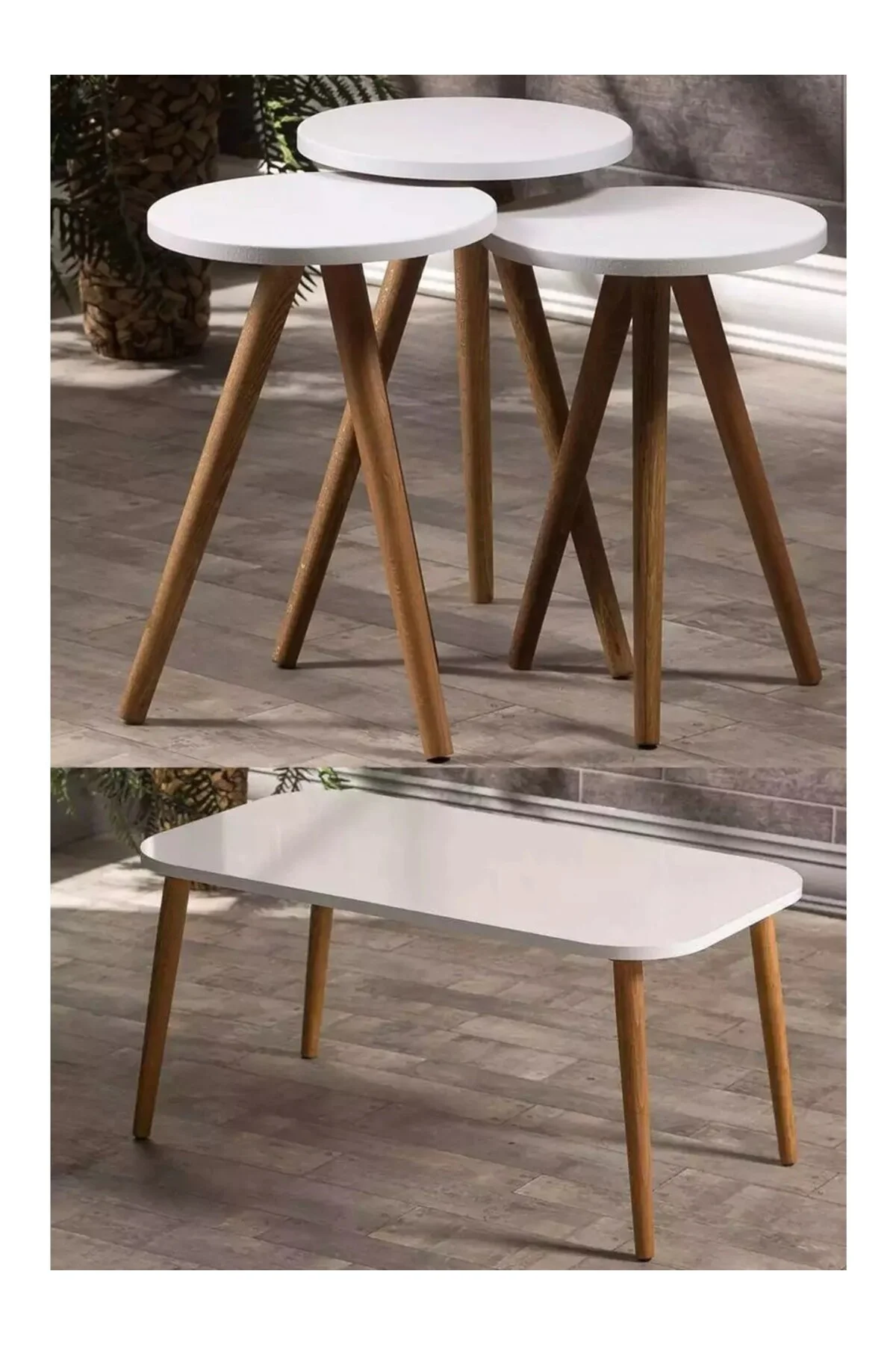 Zigon Sehpa Ve Orta Sehpa Set Ahşap Kr Torna Beyaz