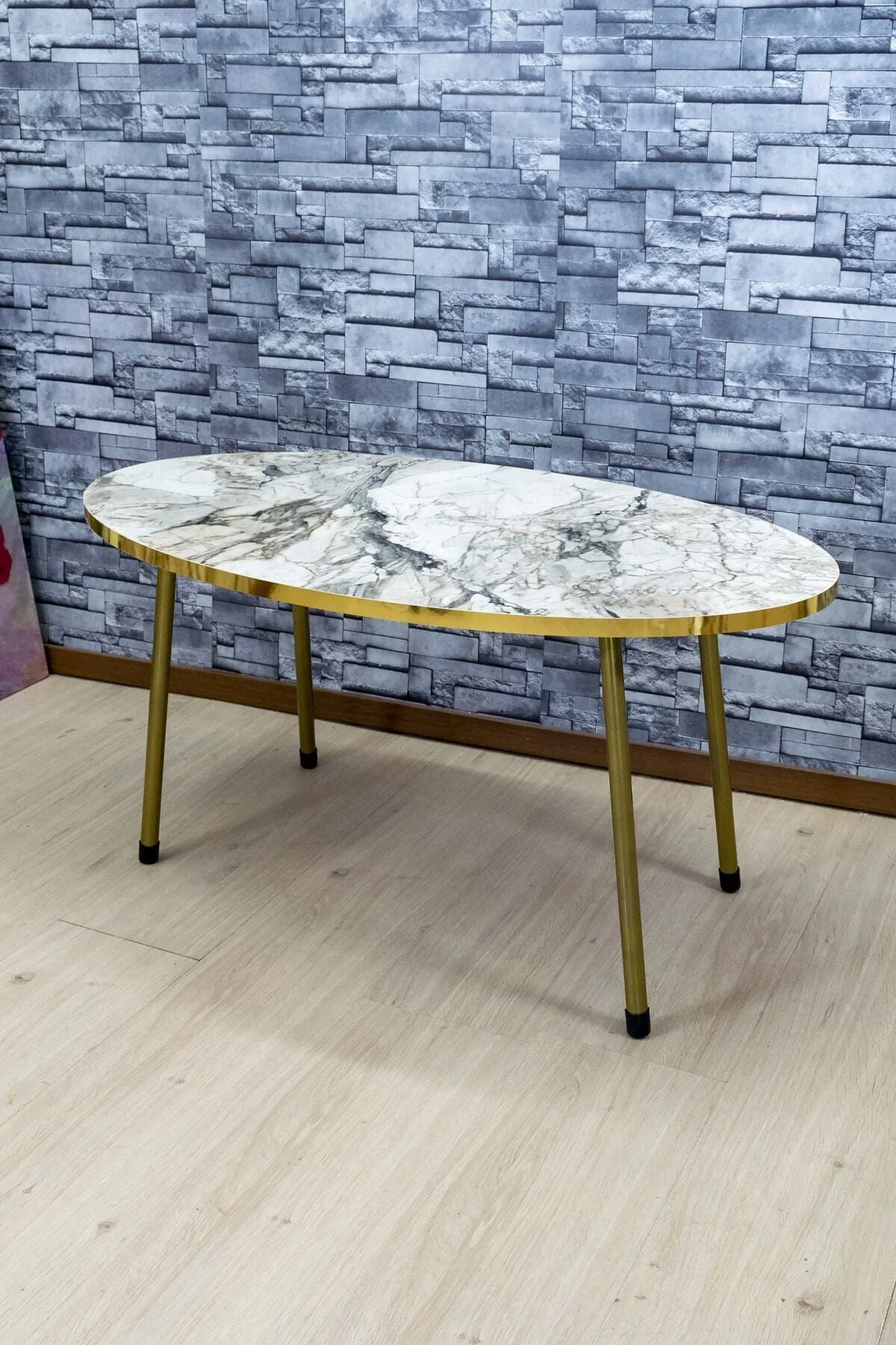 Zigon Sehpa Ve Orta Sehpa Elips Gold Metal Ayak Gold Efes Set