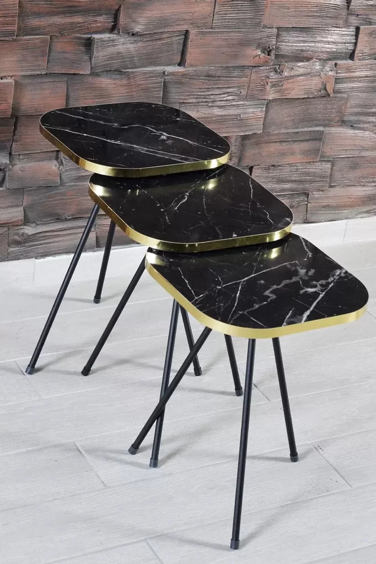 Zigon Sehpa Ve Orta Sehpa Kombin Set Siyah Ayak Altın Bendir 3201