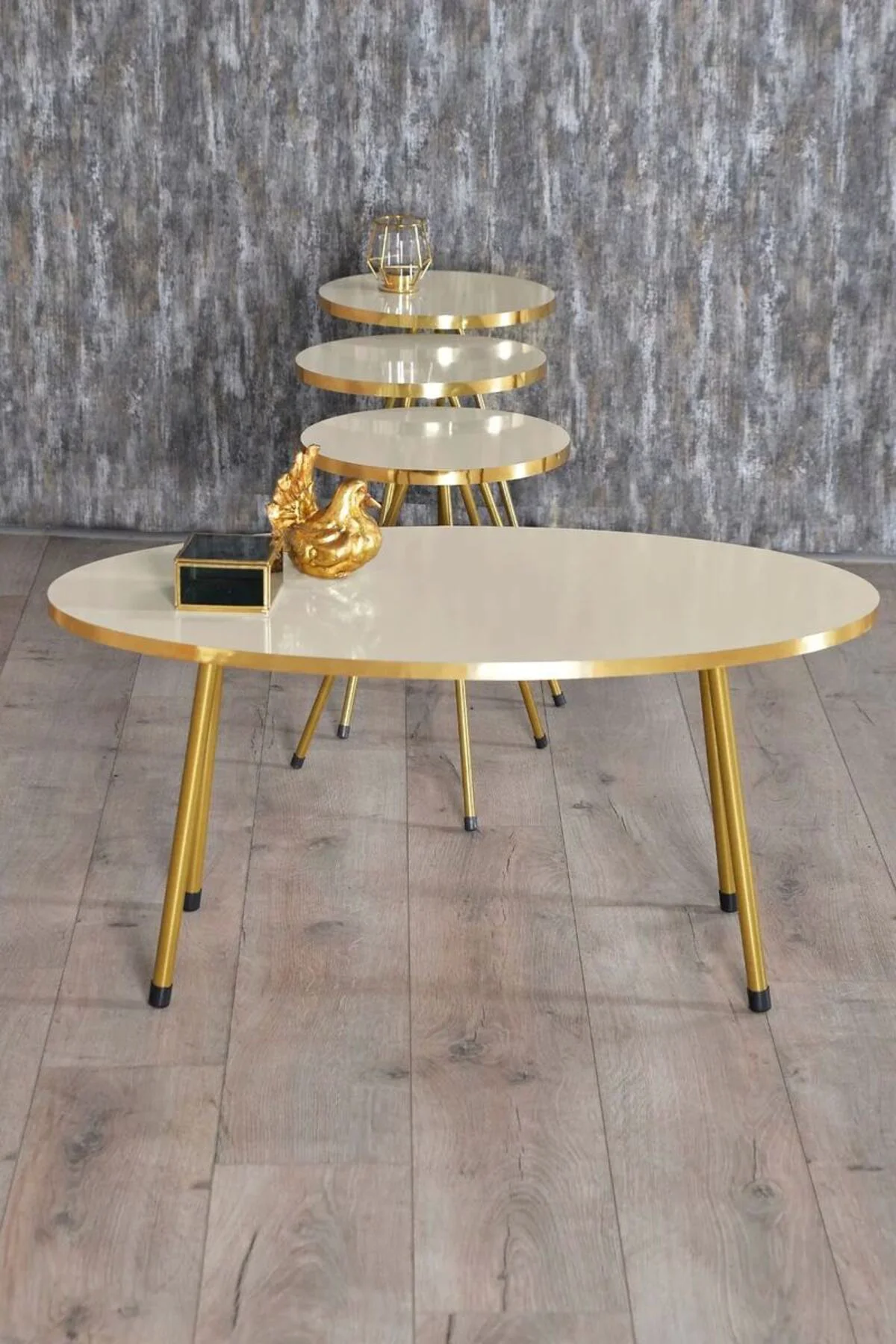 Zigon Sehpa ve Orta Sehpa Elips Gold Metal Ayak Gold Krem Set