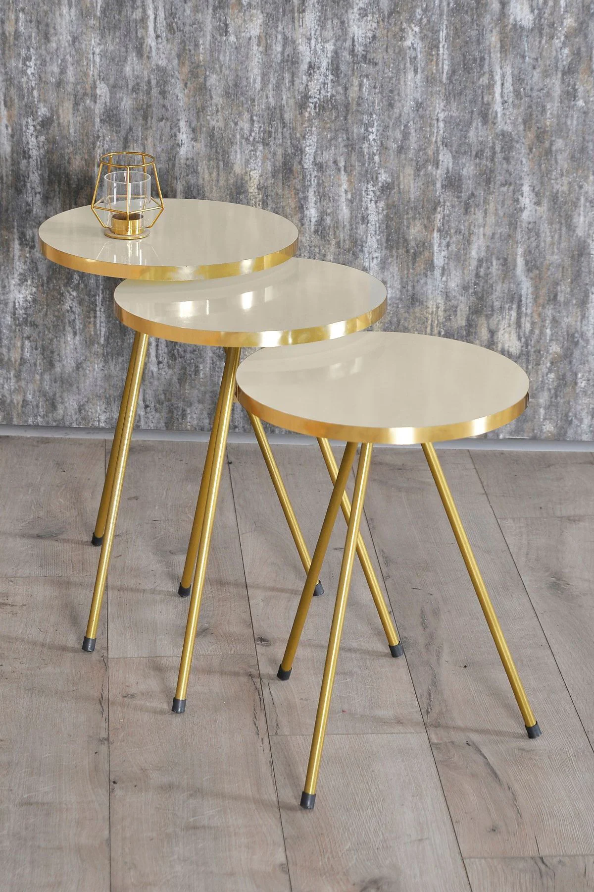 Zigon Sehpa ve Orta Sehpa Kr Gold Metal Ayak Gold Krem Set