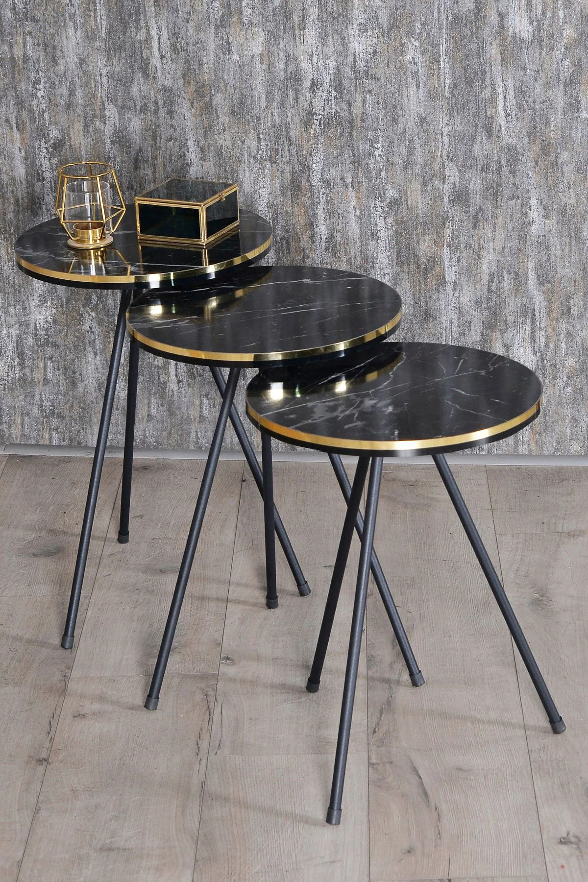 Zigon Sehpa Ve Orta Sehpa Kr Set Siyah Metal Ayak Çift Altın Bend