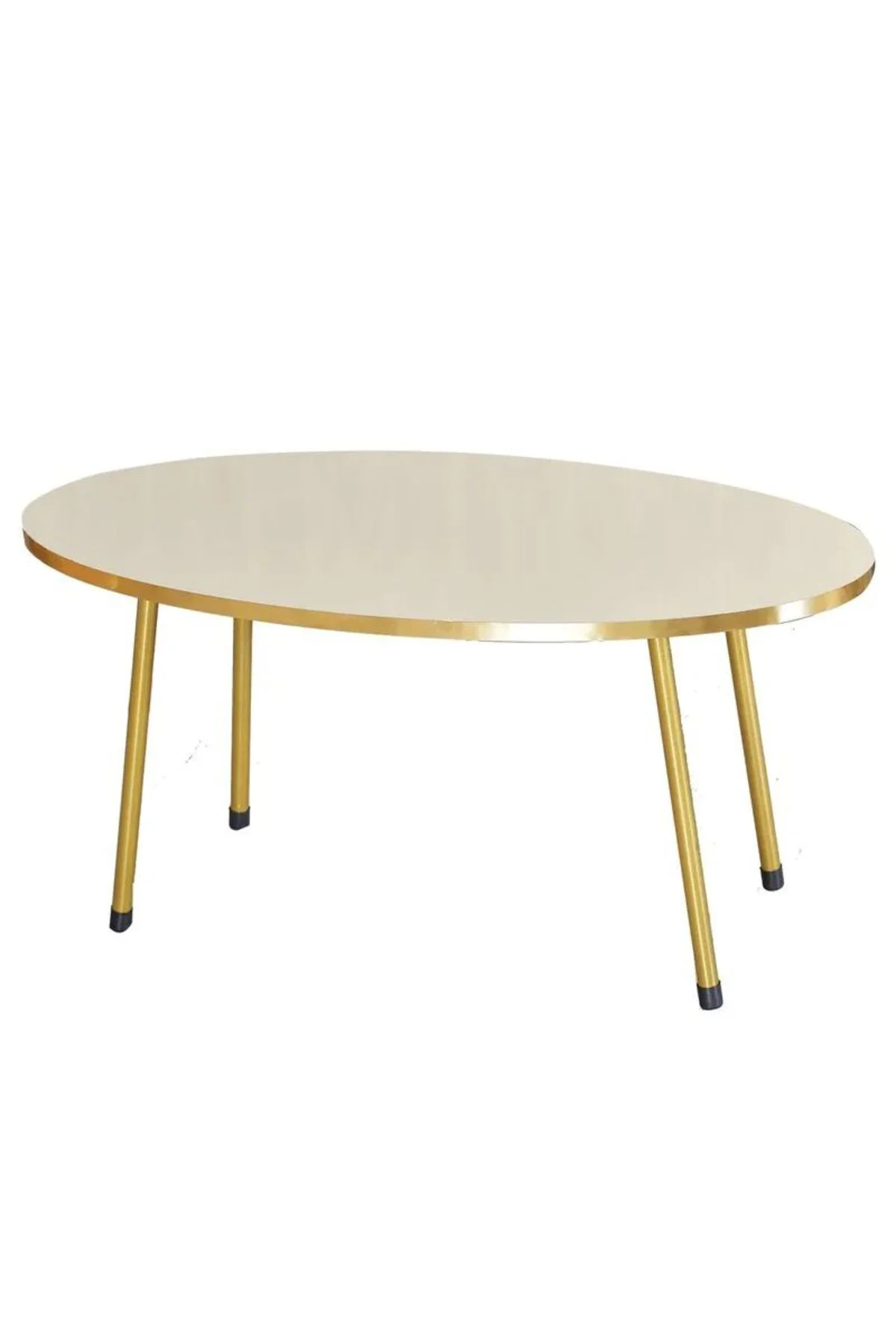 Zigon Sehpa ve Orta Sehpa Elips Gold Metal Ayak Gold Krem Set