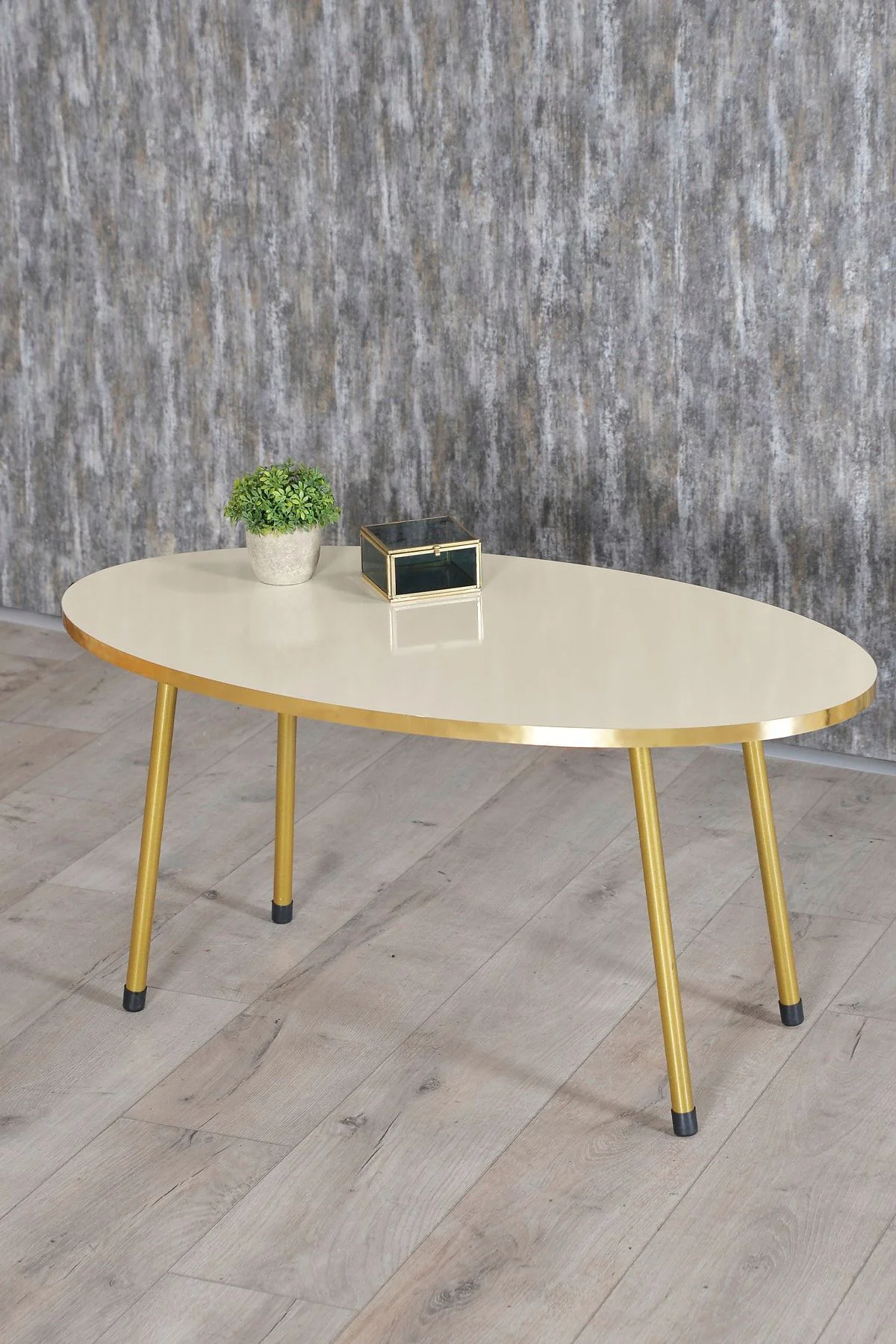Zigon Sehpa ve Orta Sehpa Elips Gold Metal Ayak Gold Krem Set