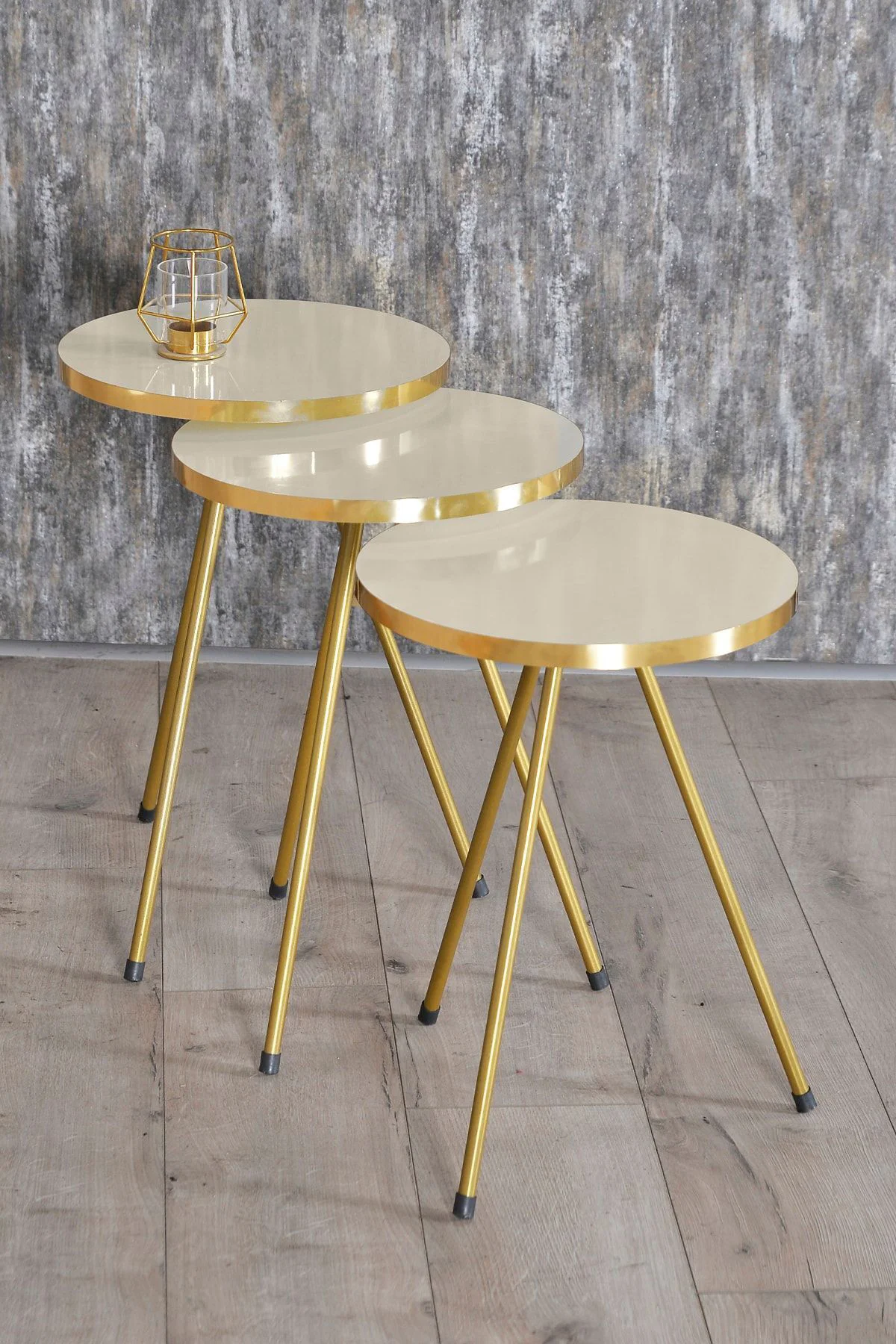 Zigon Sehpa ve Orta Sehpa Kr Gold Metal Ayak Gold Krem Set