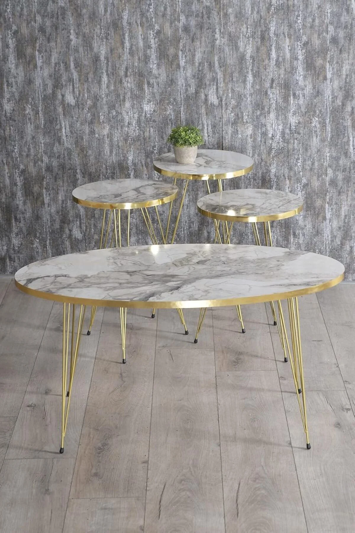 Zigon Sehpa Ve Orta Sehpa Elips Gold Metal Ayak Gold Efes Set