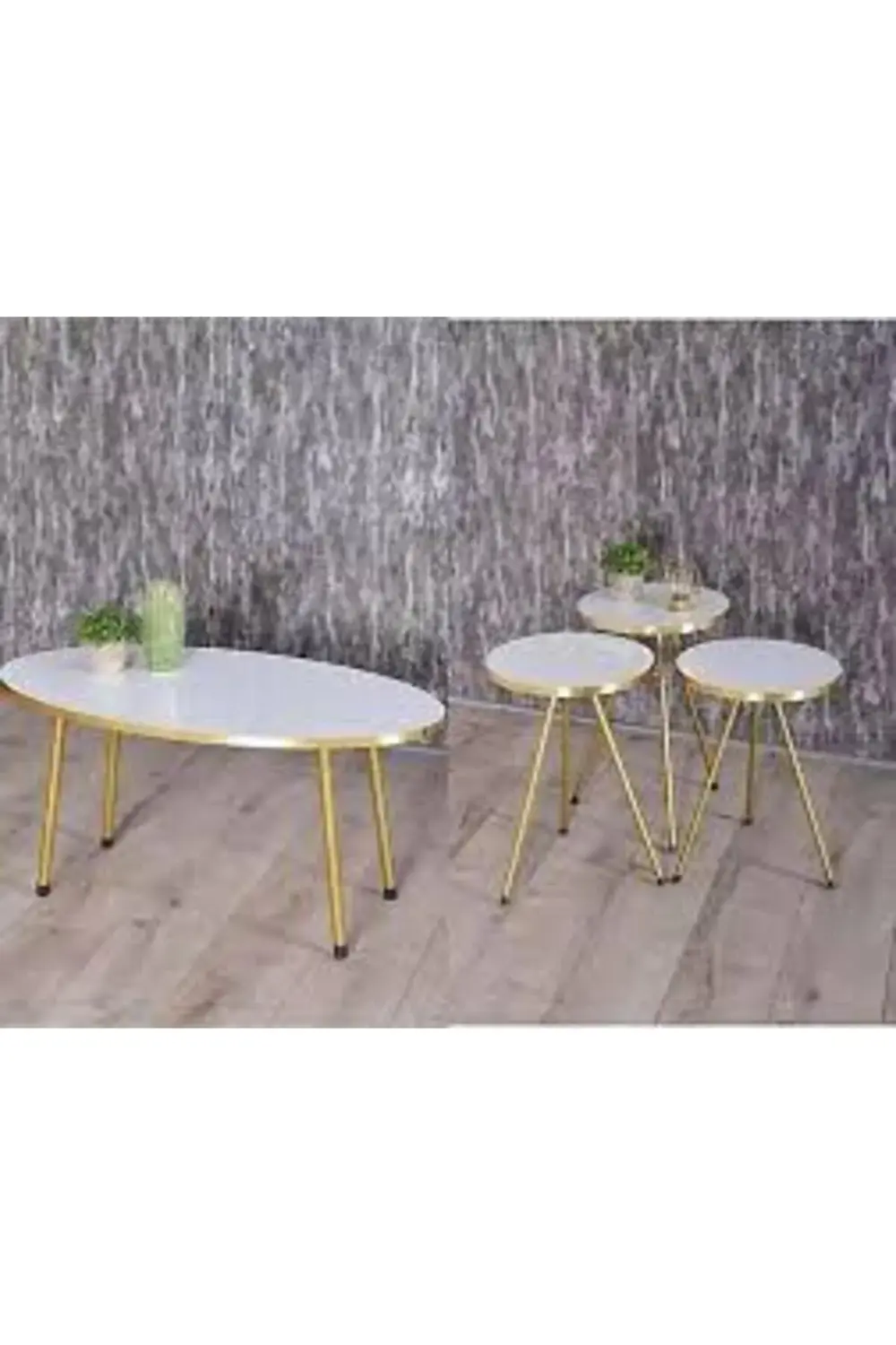 Zigon Sehpa Ve Orta Sehpa Elips Gold Metal Ayak Gold Beyaz Set