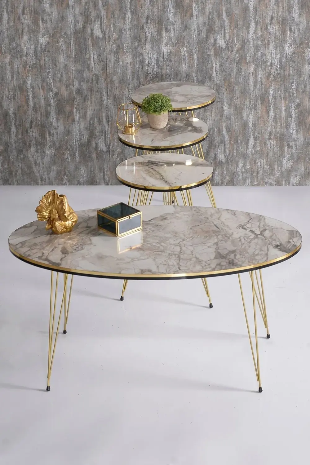 Zigon Sehpa ve Orta Sehpa Elips Set Çift Gold Efes Tel