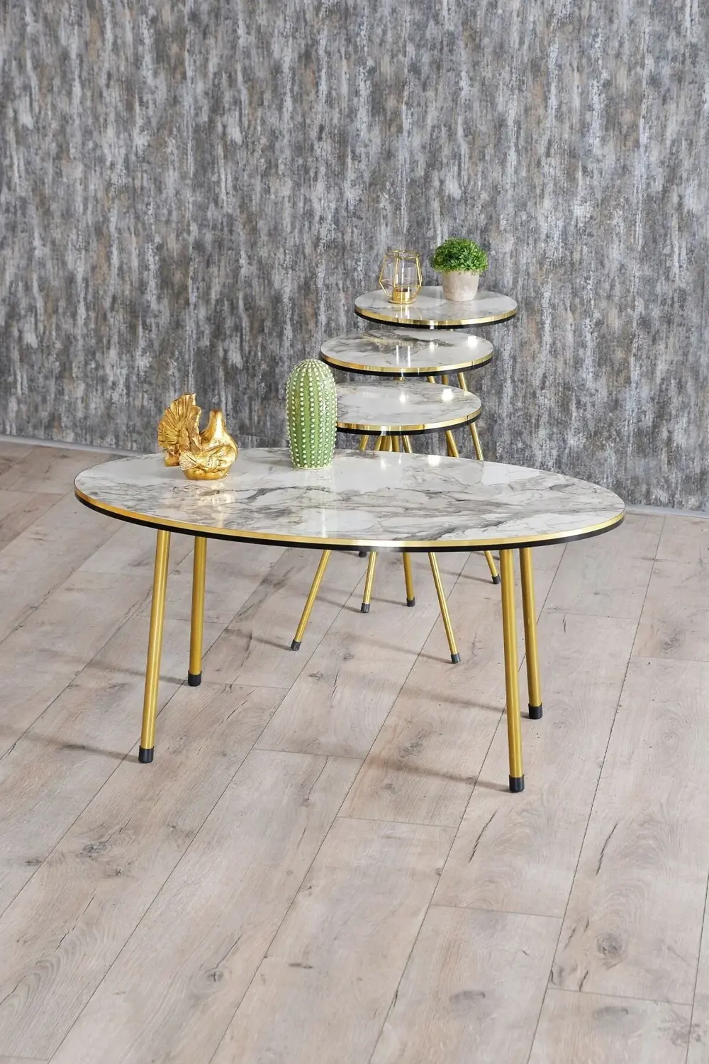 Zigon Sehpa Ve Orta Sehpa Elips Set Çift Gold Efes Metal