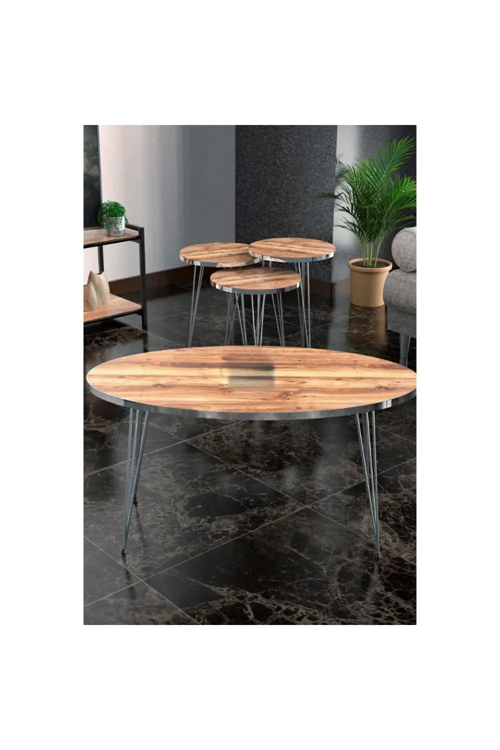 Zigon Sehpa Ve Orta Sehpa Elips Set Gümüş Ceviz Tel