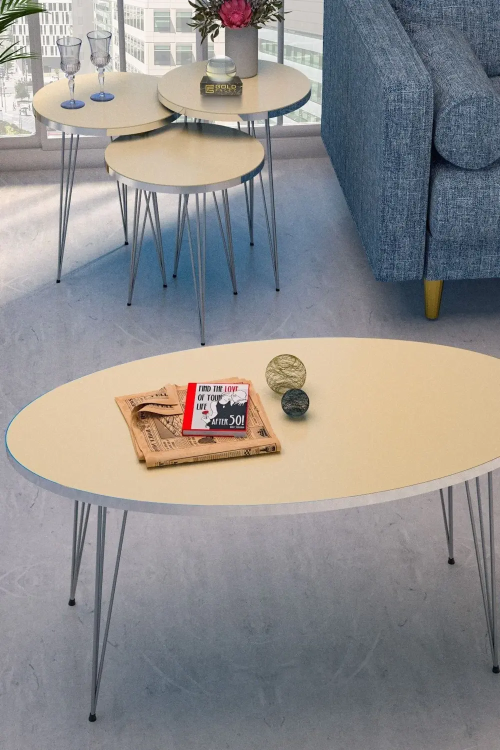 Zigon Sehpa Ve Orta Sehpa Elips Set Gümüş Krem Tel