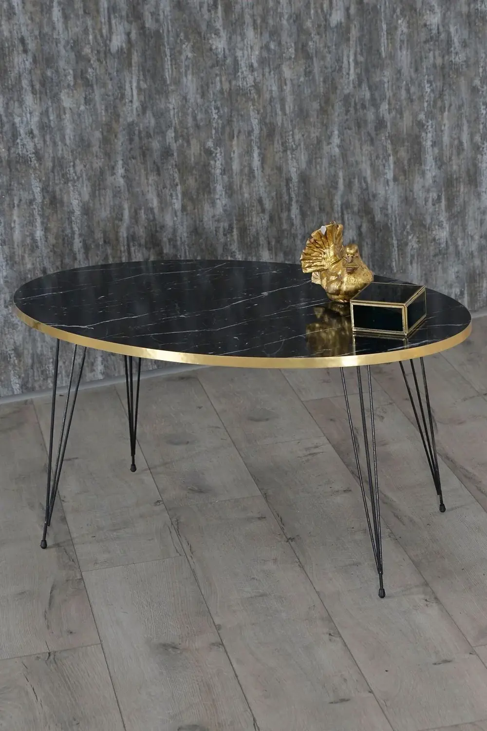 Zigon Sehpa Ve Orta Sehpa Elips Set Siyah Ayak Altın Bendir Tel